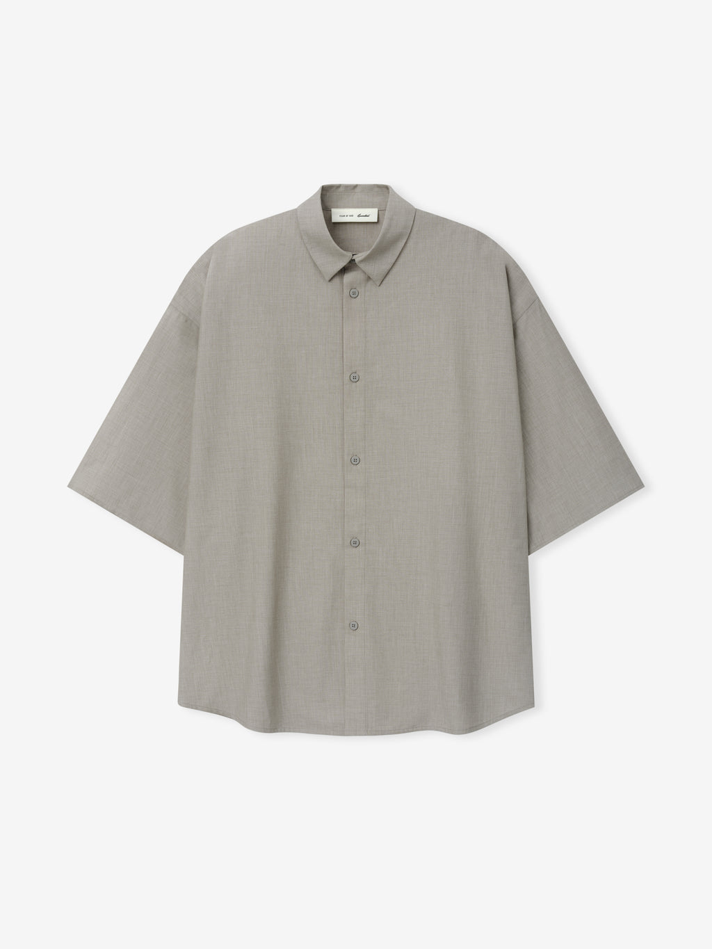 Silk Blend 3/4 Sleeve Button Up Shirt in a muted taupe shade, featuring a classic pointed collar, relaxed fit, and short wide sleeves for a modern, minimalist look.