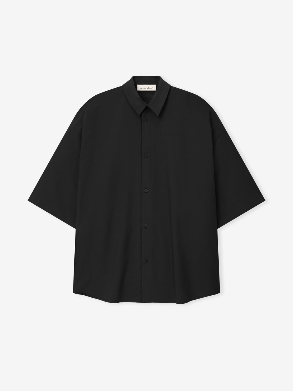 Silk Blend 3/4 Sleeve Button Up Shirt in deep black, featuring a relaxed silhouette with wide sleeves and a classic pointed collar for contemporary suiting and tops styling.