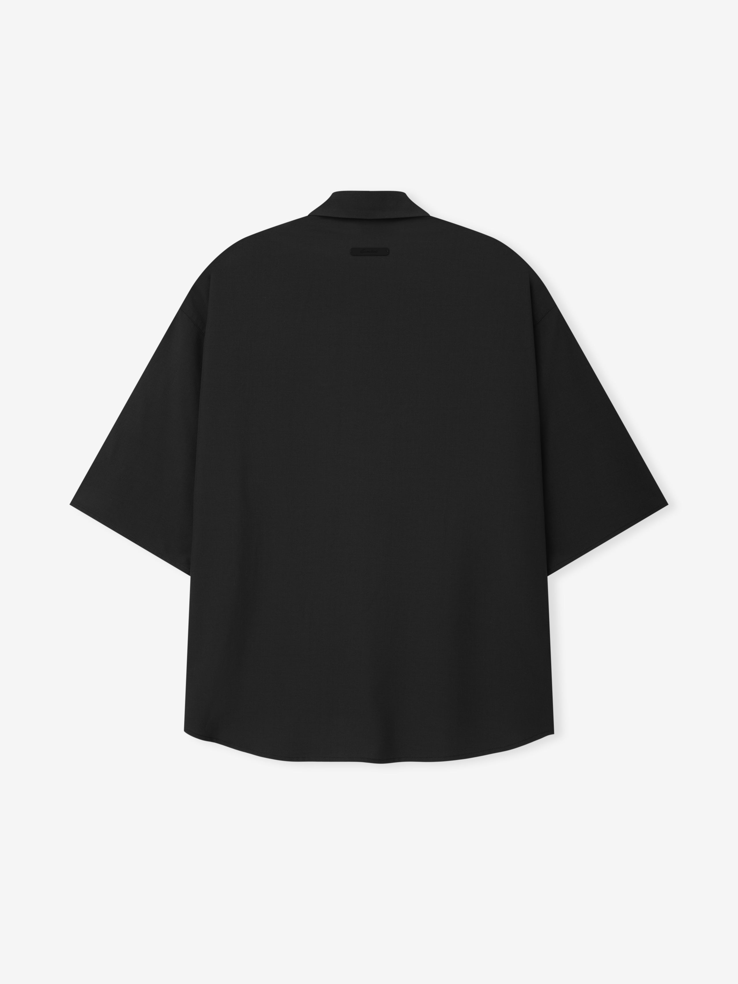 Back view of a Silk Blend 3/4 Sleeve Button Up Shirt in deep black, featuring wide sleeves and a relaxed silhouette with a subtle collar for polished, modern styling.
