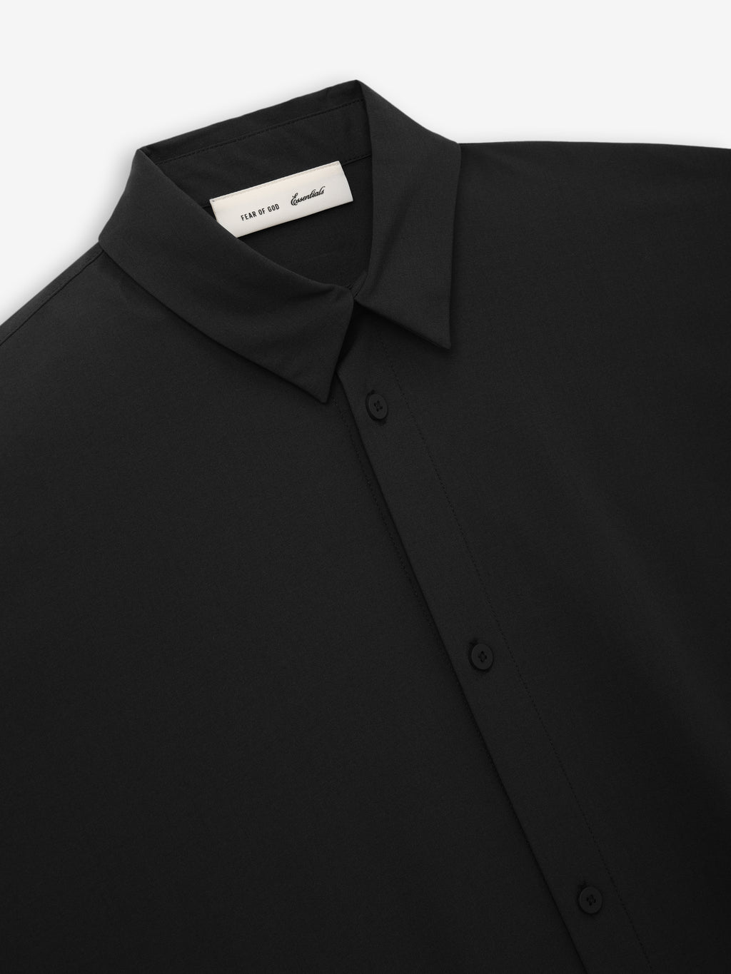 Close-up of a vintage black Silk Blend 3/4 Sleeve Button Up Shirt focusing on the classic pointed collar and button placket, highlighting smooth fabric texture and refined tailoring.
