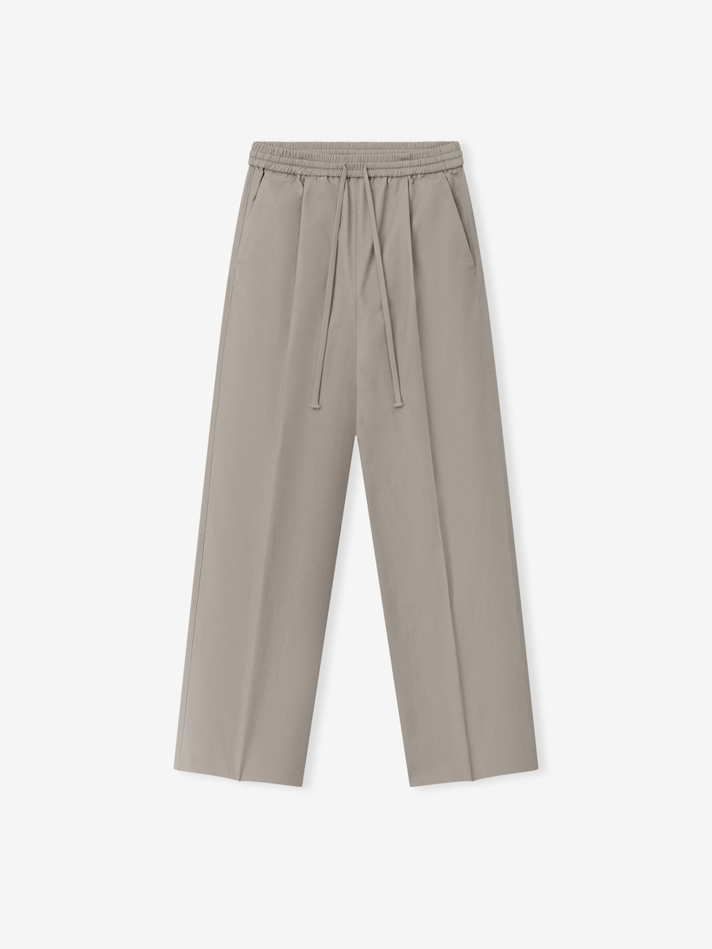 Silk Blend Pleat Front Drawstring Pant in a muted taupe shade, featuring an elastic waistband with adjustable drawstring, front pleats, and a relaxed straight leg fit suitable for suiting bottoms.
