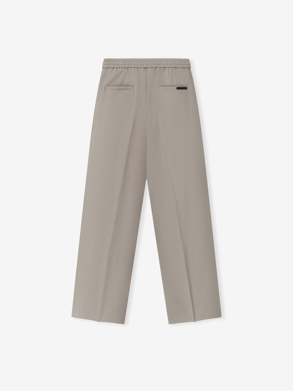 Silk Blend Pleat Front Drawstring Pant in a soft muted seal color, featuring back welt pockets, an elastic waistband with adjustable drawstring, and a relaxed straight leg fit for refined suiting bottoms.