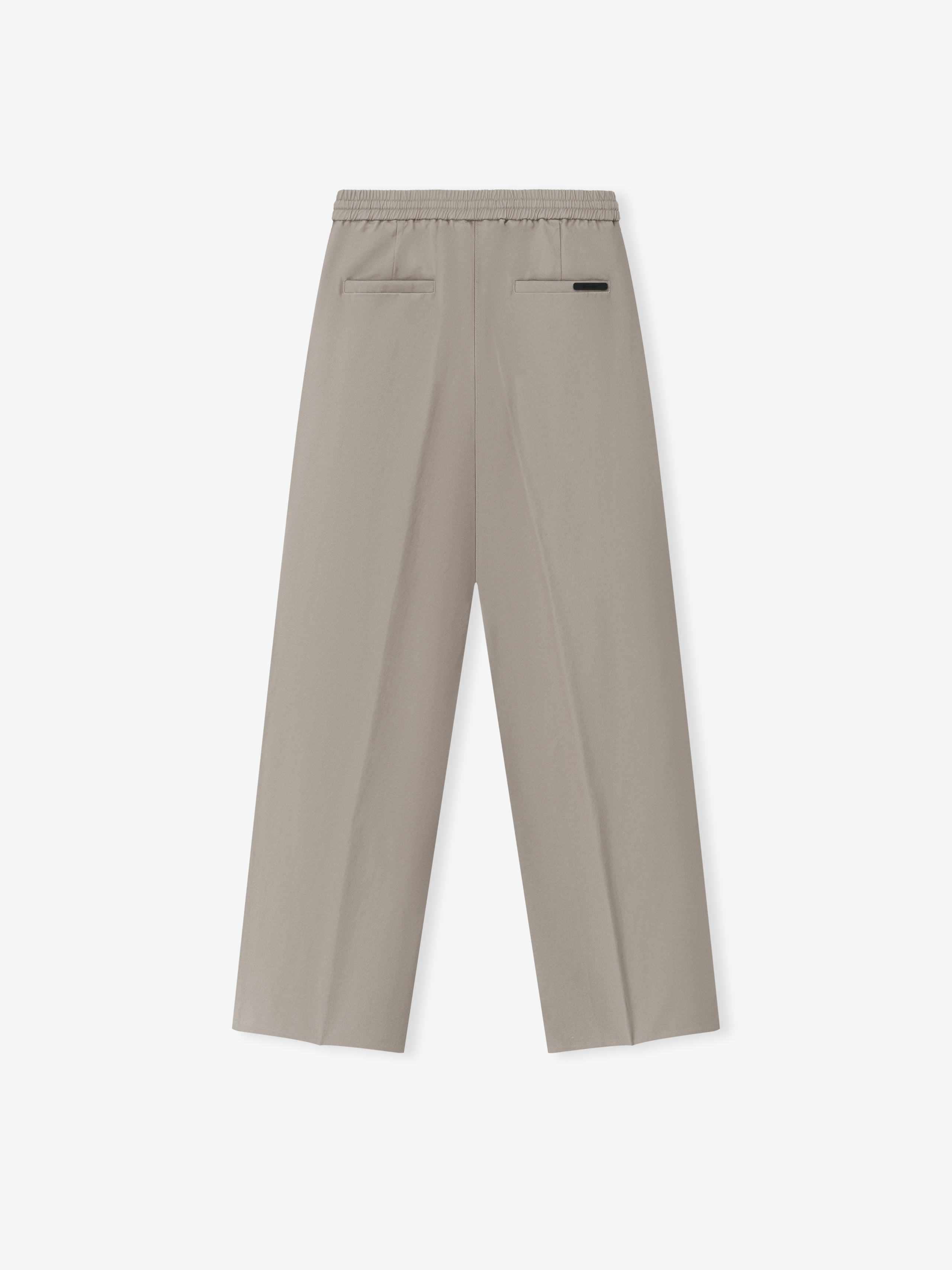 Silk Blend Pleat Front Drawstring Pant in a soft muted seal color, featuring back welt pockets, an elastic waistband with adjustable drawstring, and a relaxed straight leg fit for refined suiting bottoms.