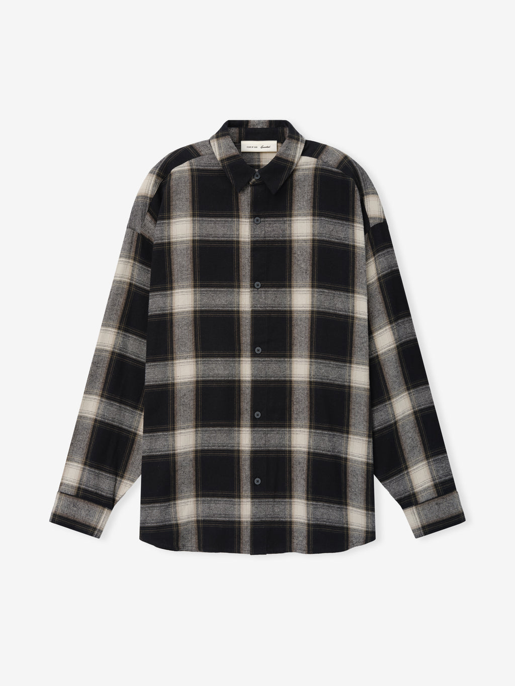Flannel Button Up Shirt in a dark grey and beige plaid pattern, crafted from soft woven fabric with a classic collar, full button front, and long sleeves for versatile layering.