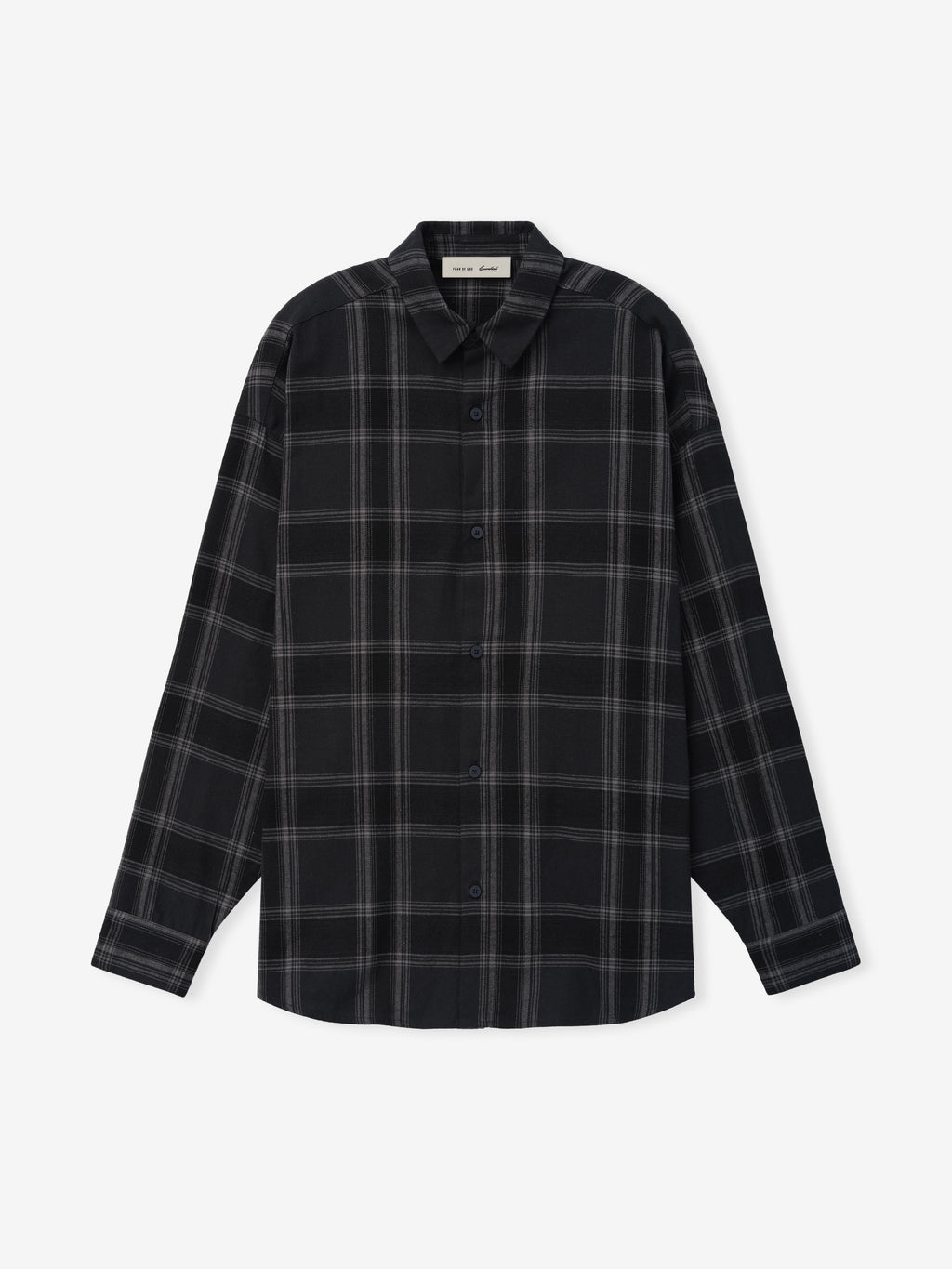Flannel Button Up Shirt in deep black and dark grey plaid pattern, featuring a classic collar, long sleeves with buttoned cuffs, and a relaxed fit for comfortable layering tops.