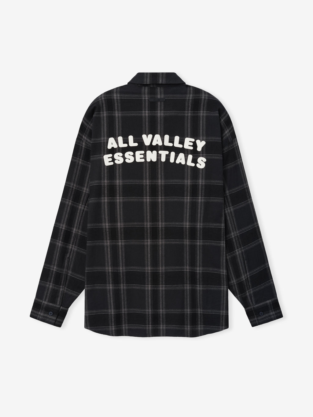 Flannel Button Up Shirt in dark black plaid pattern featuring a relaxed fit, classic collar, long sleeves with buttoned cuffs, and bold white text graphic on the back for casual tops.