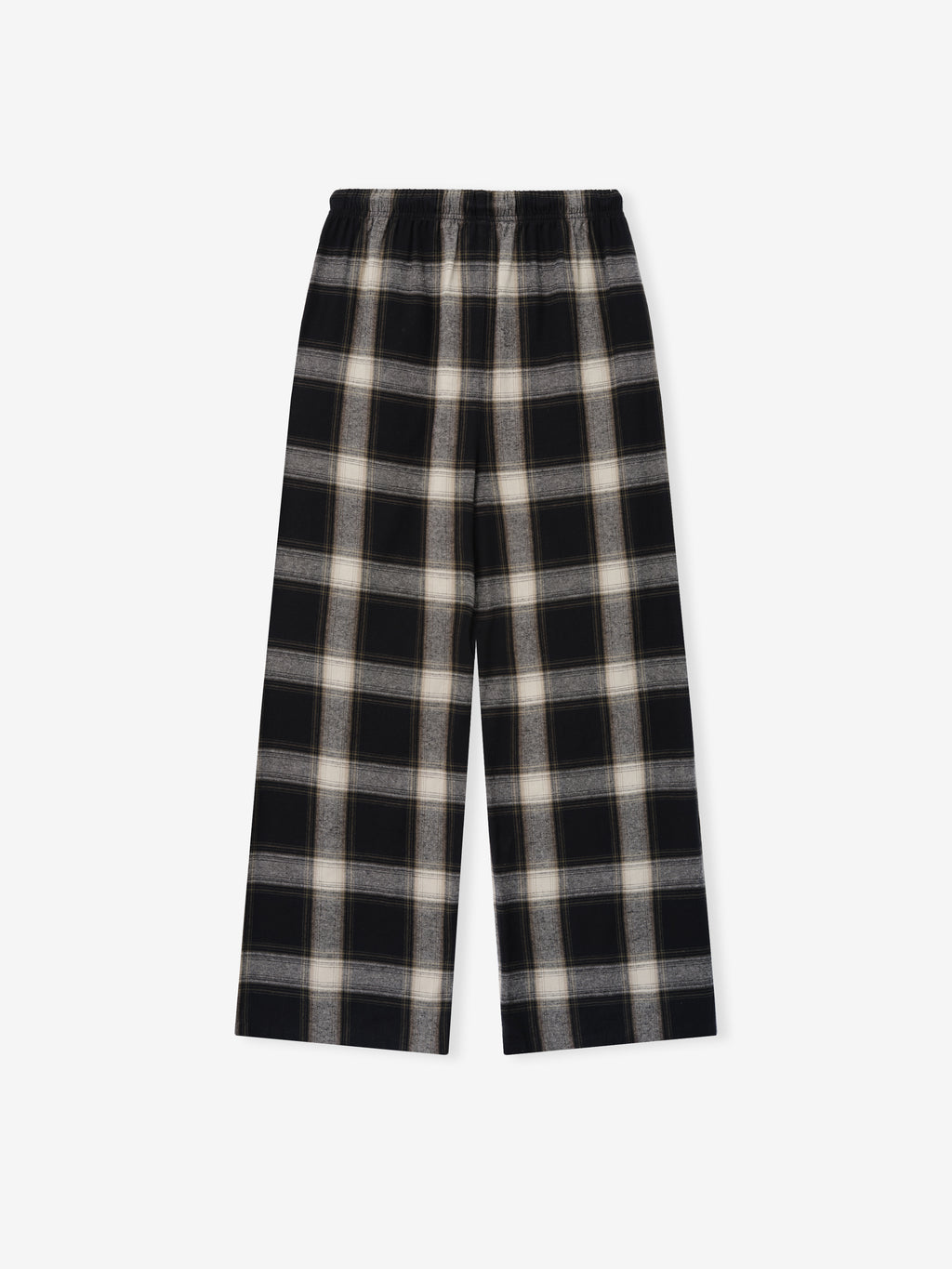 Flannel Lounge Pant in a black and gray plaid pattern with a relaxed wide-leg cut and an elastic waistband for comfortable everyday loungewear.