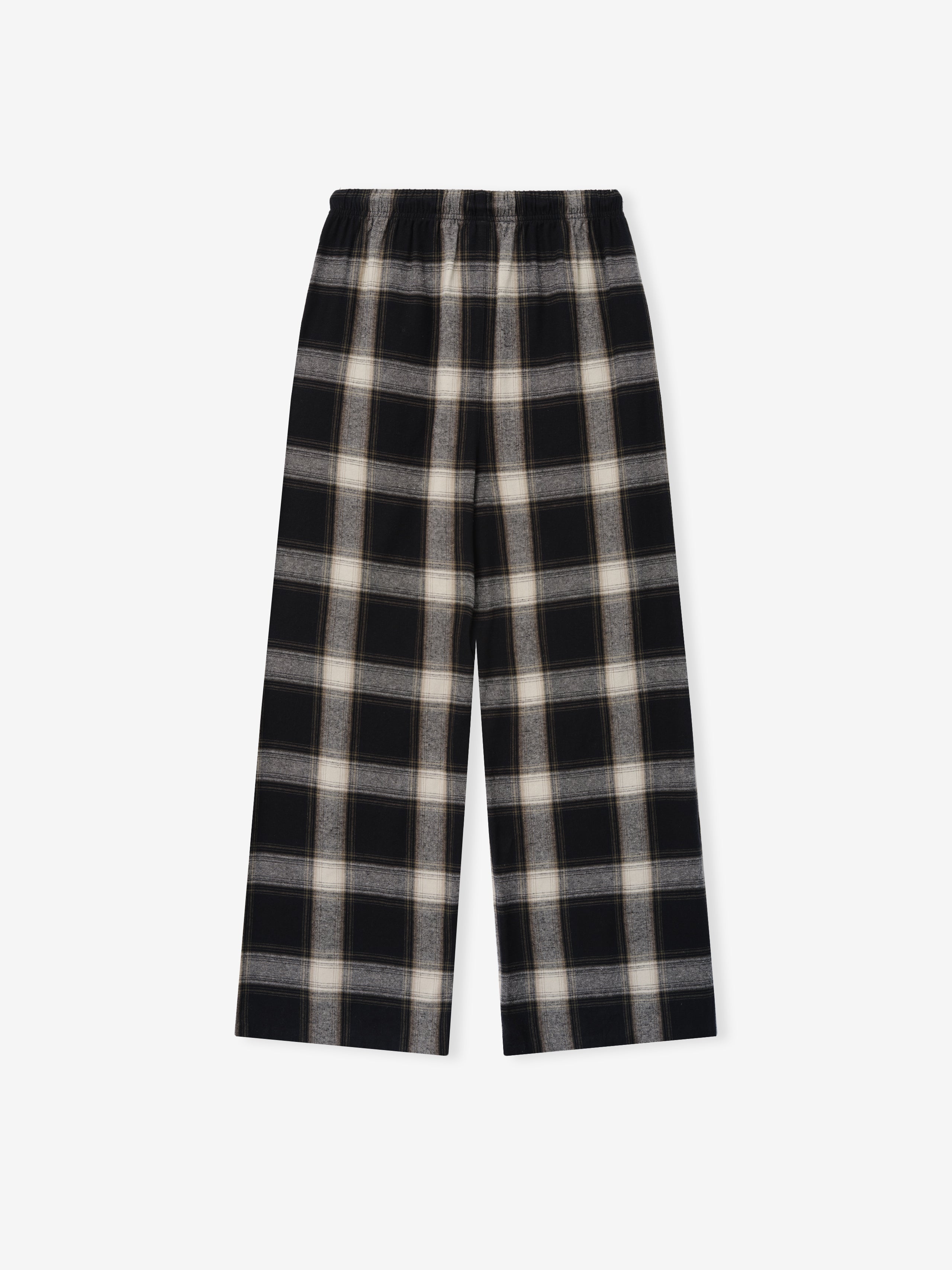 Flannel Lounge Pant in a black and gray plaid pattern with a relaxed wide-leg cut and an elastic waistband for comfortable everyday loungewear.