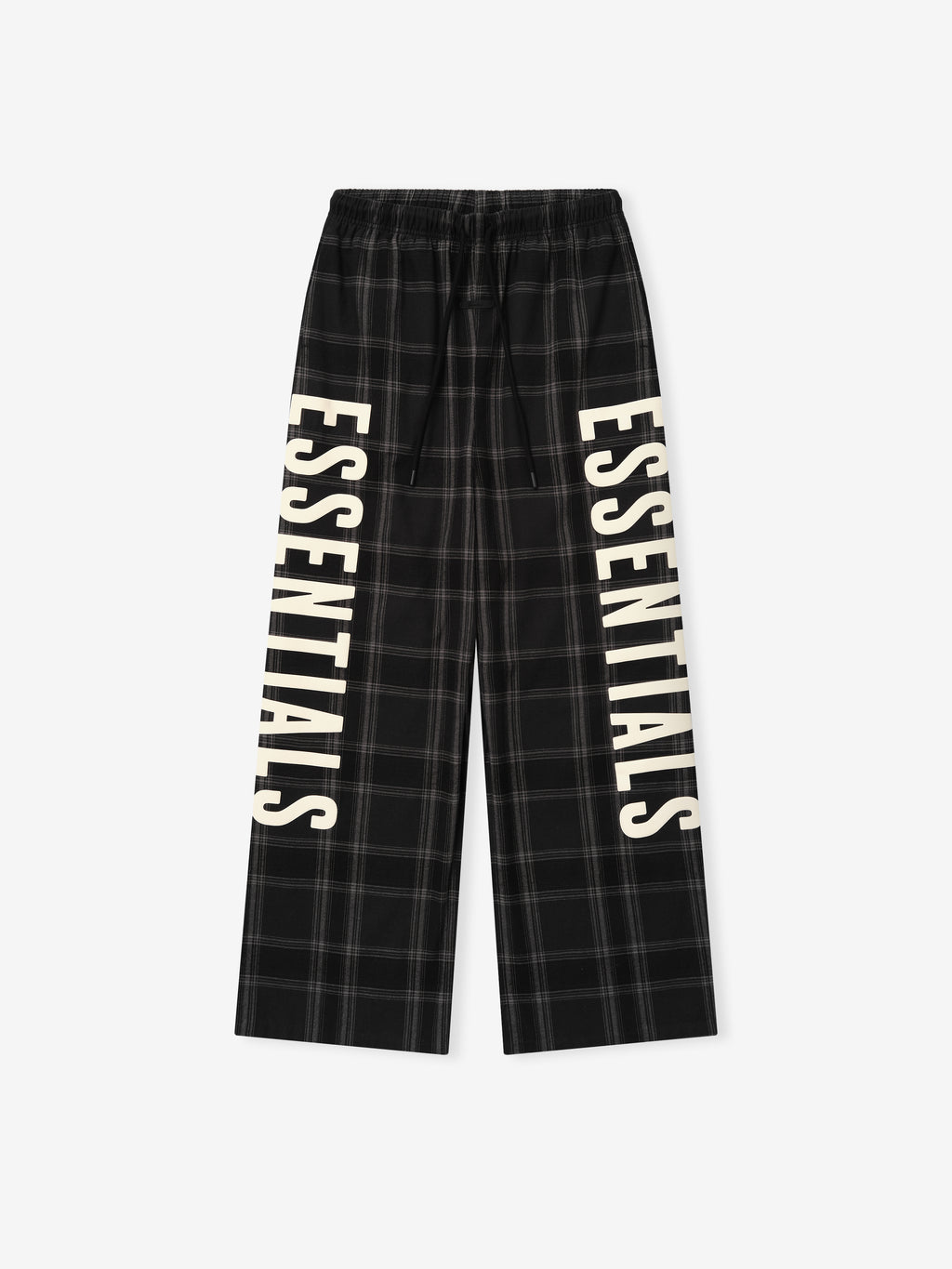 Flannel Lounge Pant in a dark plaid pattern with an elastic waistband and wide legs, featuring bold cream-colored vertical lettering running down both legs for a modern casual style.