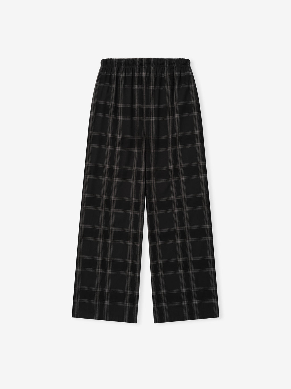 Flannel Lounge Pant featuring a vintage-inspired black plaid pattern with a relaxed, wide-leg fit and an elastic waistband for comfortable everyday wear.