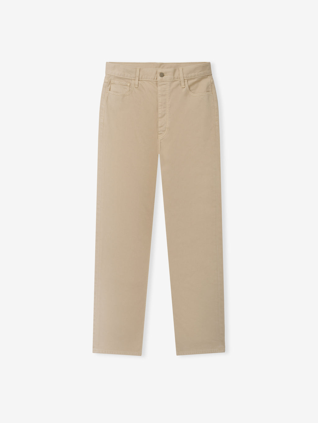 Denim 5-Pocket Jeans in a muted beige tone featuring classic five-pocket styling, belt loops, and a button closure for a refined and versatile bottoms option.