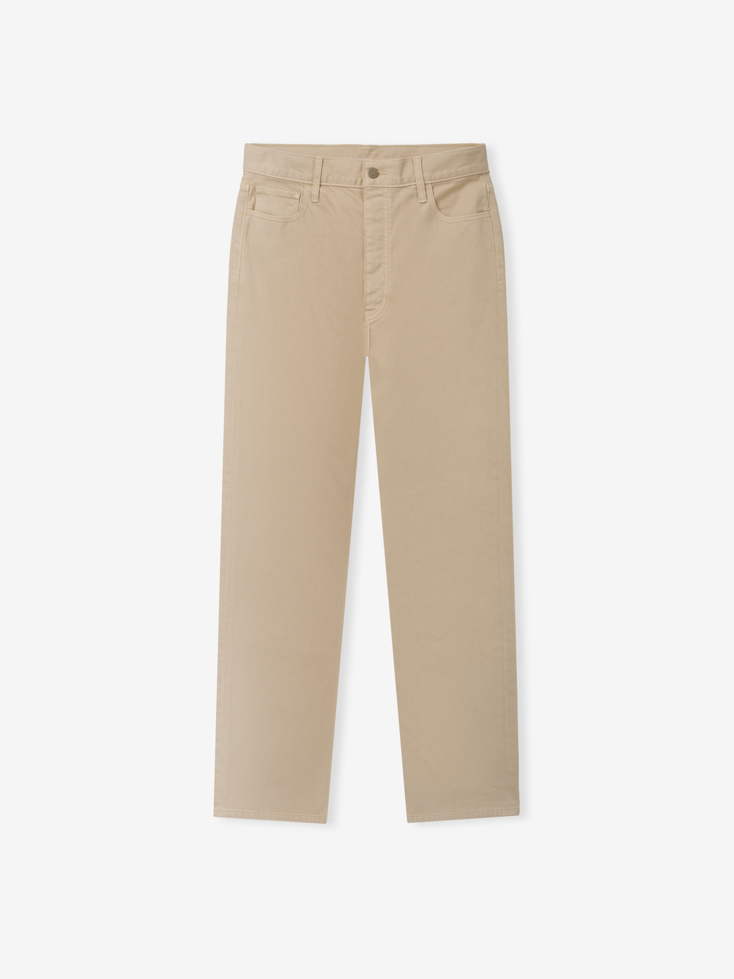 Denim 5-Pocket Jeans in a muted beige tone featuring classic five-pocket styling, belt loops, and a button closure for a refined and versatile bottoms option.
