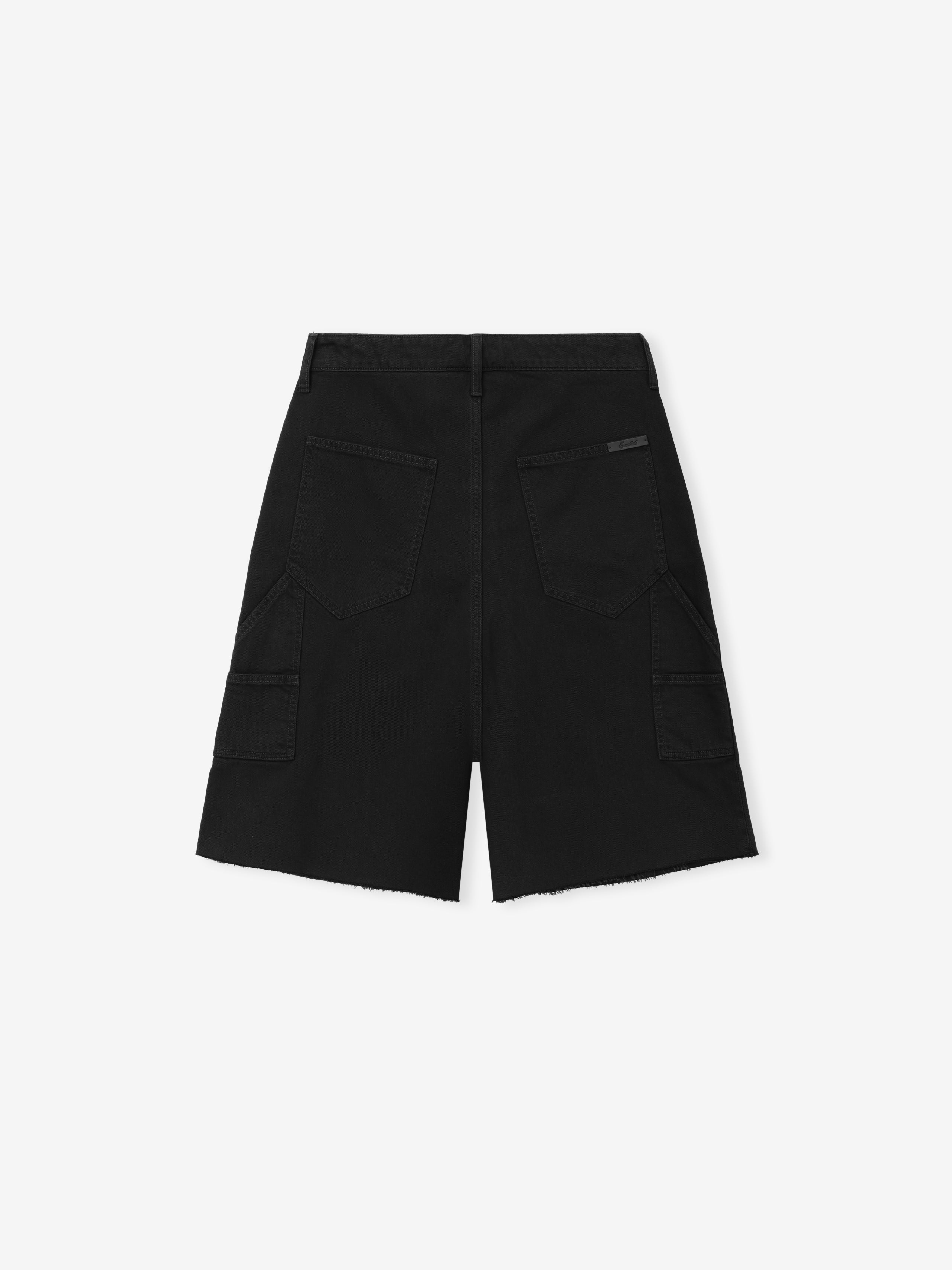 Raw Cut 5-Pocket Short in overdyed black, featuring a raw hem, classic five-pocket design with additional side cargo pockets, and belt loops for a rugged casual look.