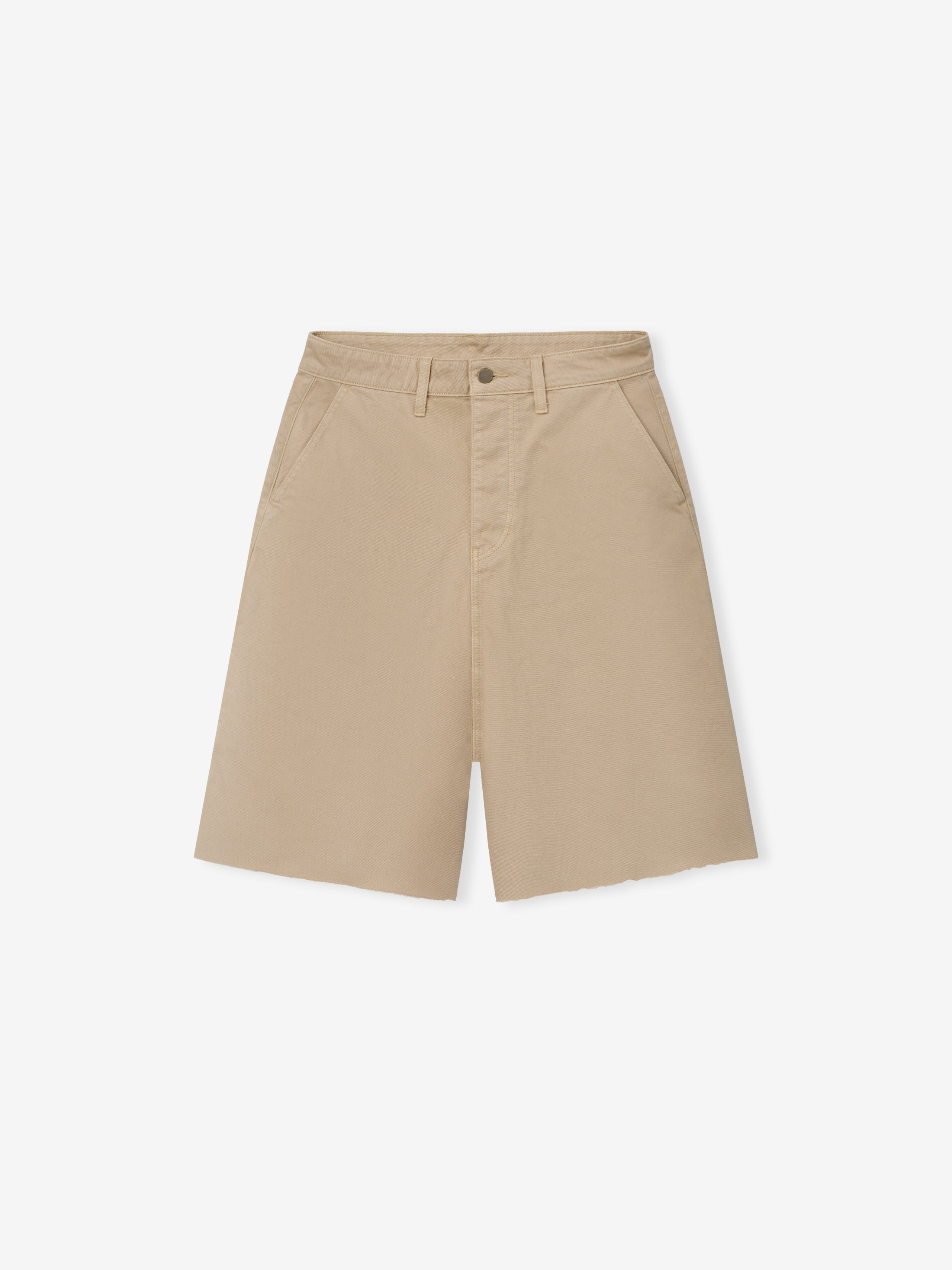 Raw Cut 5-Pocket Short in a muted dune shade, featuring a clean hem, classic five-pocket styling, belt loops, and a streamlined silhouette ideal for casual bottoms.