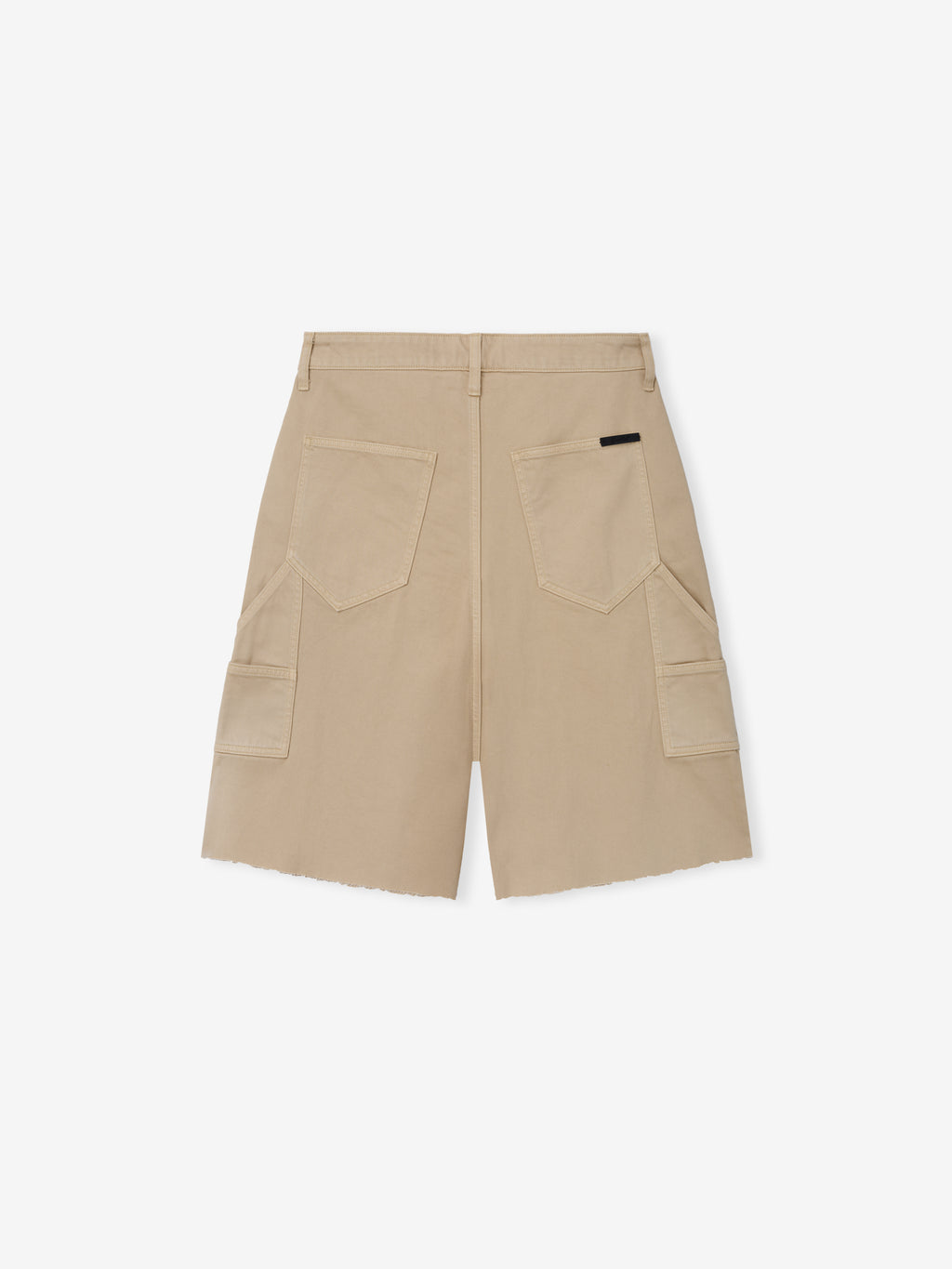 Raw Cut 5-Pocket Short in a soft dune shade, featuring two back patch pockets, side cargo pockets, belt loops, and a raw hem for a relaxed casual bottoms style.