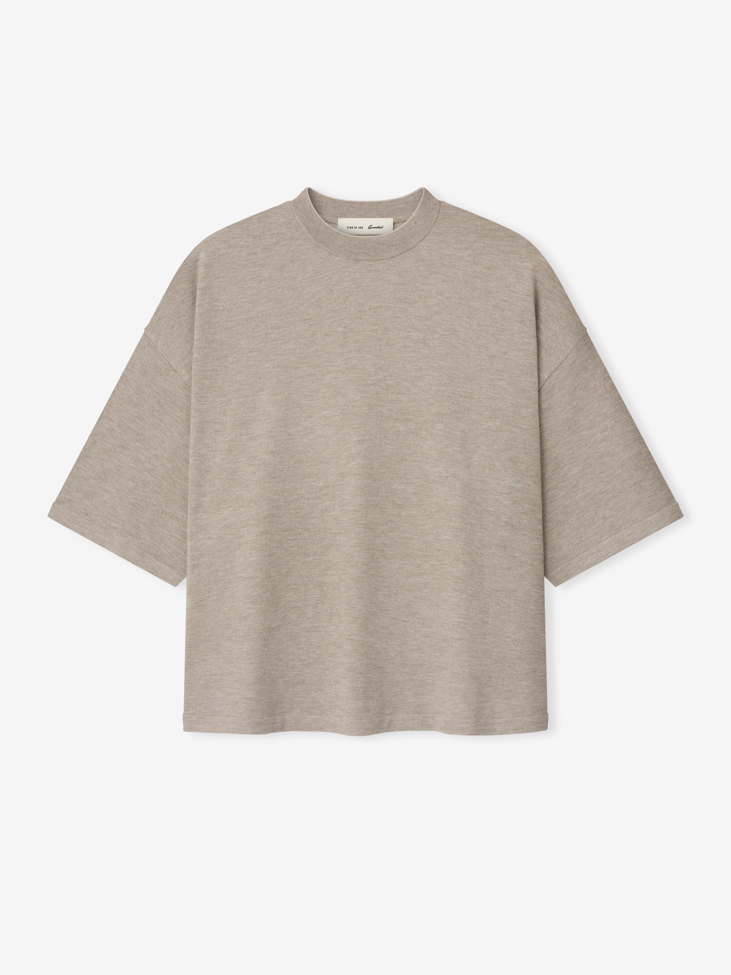 Soft Knit Tee in a muted beige heather tone, designed with a relaxed fit and wide short sleeves, featuring a smooth knit fabric and a classic crew neckline for versatile casual layering.