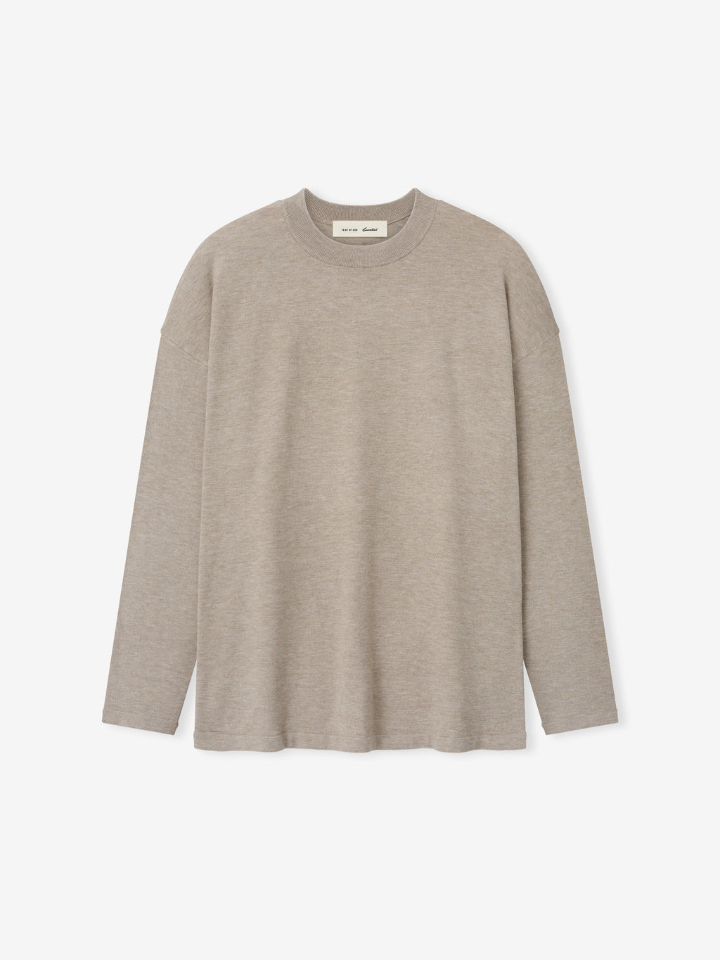 Soft Knit Long Sleeve Tee in a muted taupe heather shade, featuring a smooth knit fabric with a relaxed fit and classic round neckline for versatile layering tops.
