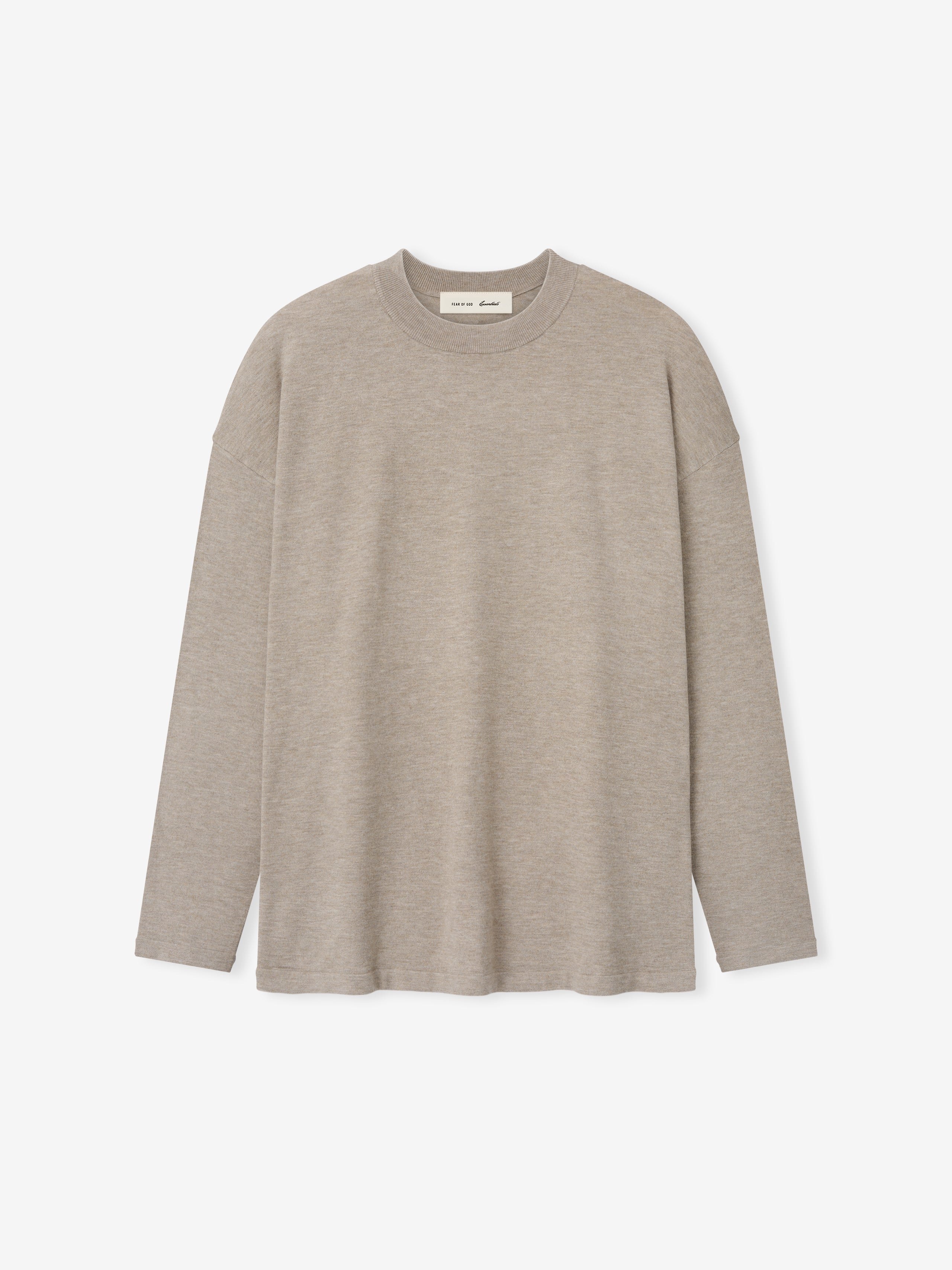 Soft Knit Long Sleeve Tee in a muted taupe heather shade, featuring a smooth knit fabric with a relaxed fit and classic round neckline for versatile layering tops.