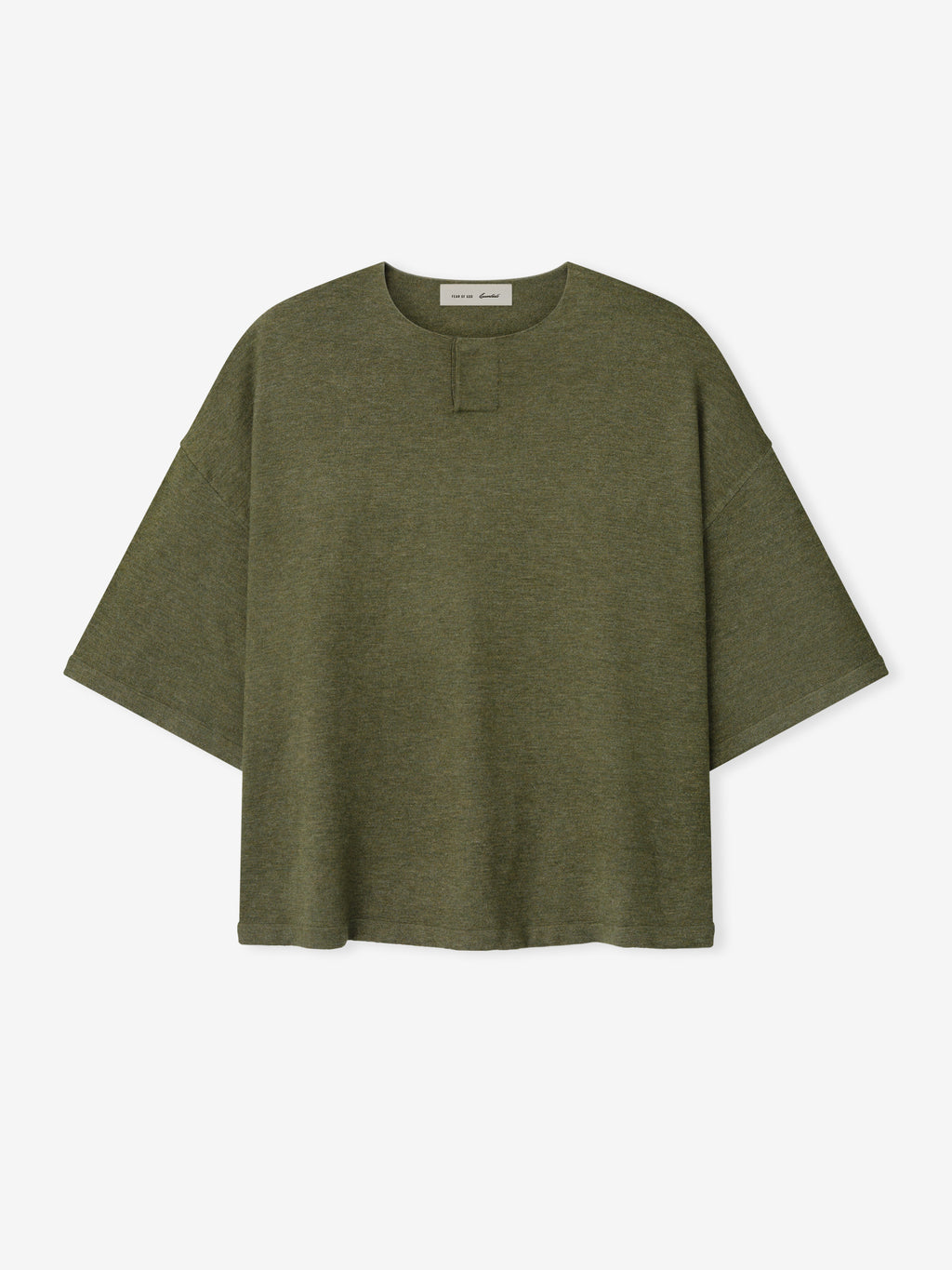 Soft Knit Short Sleeve Henley in a muted moss green shade, featuring a loose fit with wide sleeves and a smooth knit texture for relaxed, comfortable styling tops.