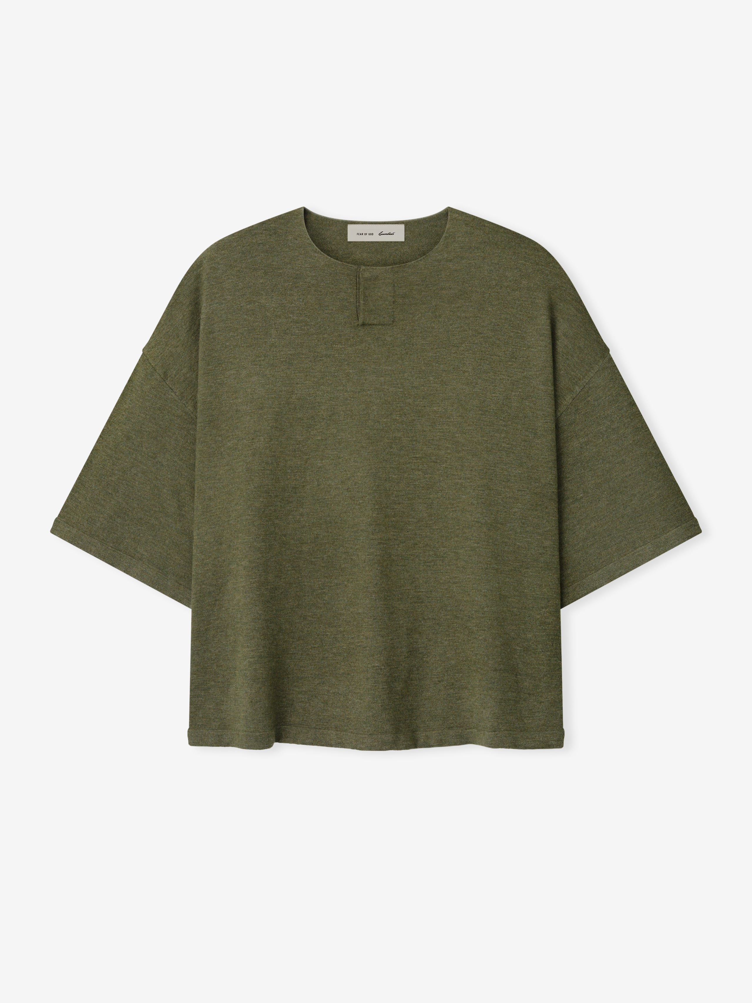 Soft Knit Short Sleeve Henley in a muted moss green shade, featuring a loose fit with wide sleeves and a smooth knit texture for relaxed, comfortable styling tops.