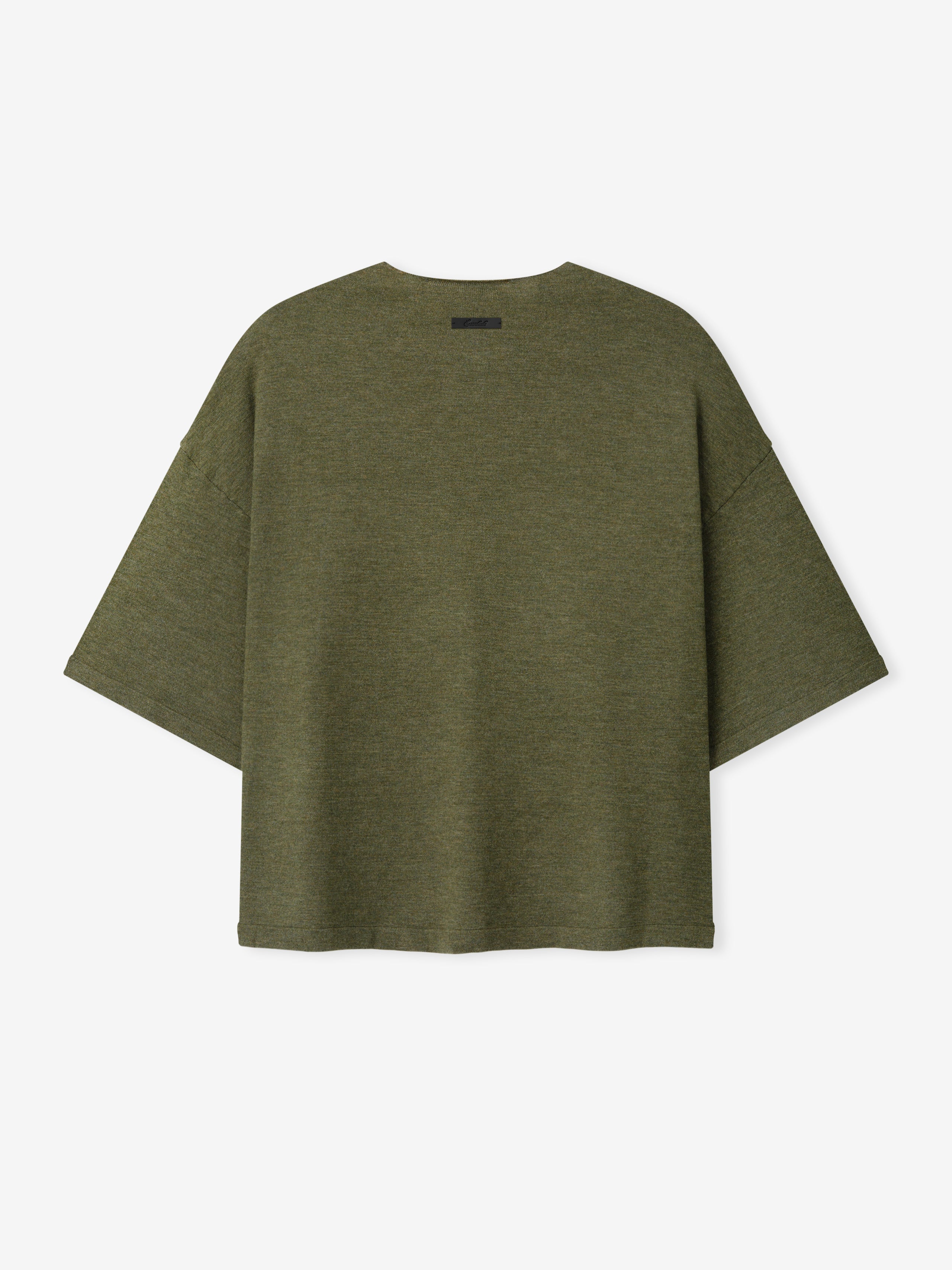 Soft Knit Short Sleeve Henley in an earthy moss green color, featuring a boxy silhouette with wide sleeves and a smooth knit fabric for versatile casual tops.