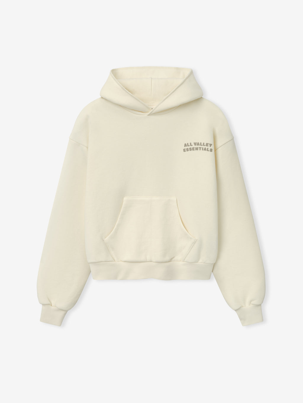 Womens 90s Fleece Hoodie in washed ivory with a relaxed fit, featuring a front kangaroo pocket, ribbed cuffs and hem, and subtle "All Valley Essentials" text on the chest.