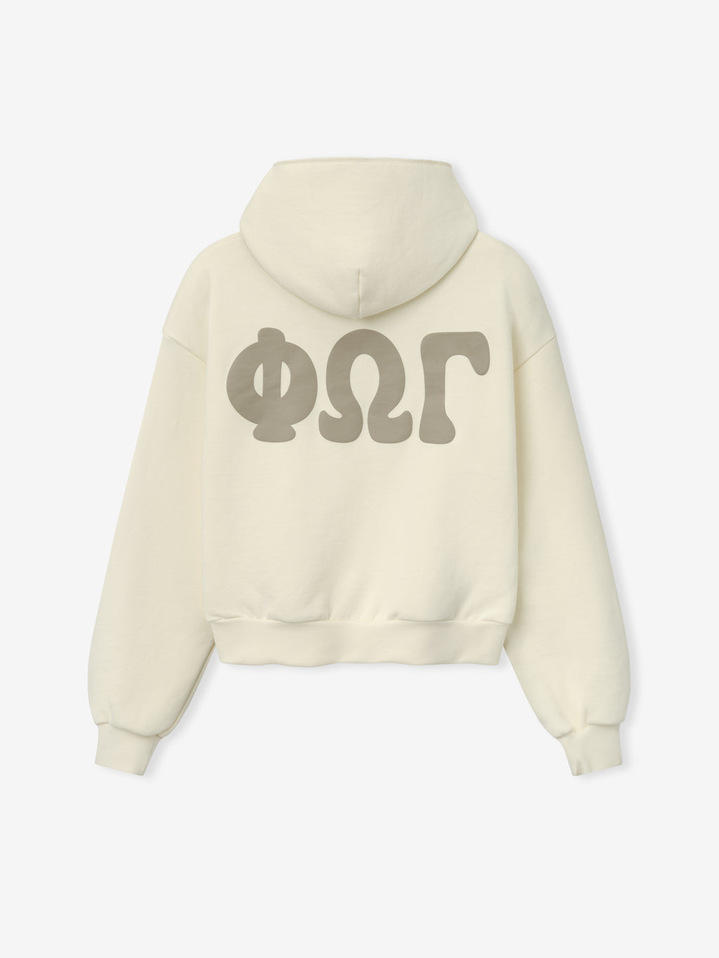 Womens 90s Fleece Hoodie in soft washed ivory, shown from the back with oversized Greek letter graphics, featuring a relaxed fit and ribbed cuffs and hem.