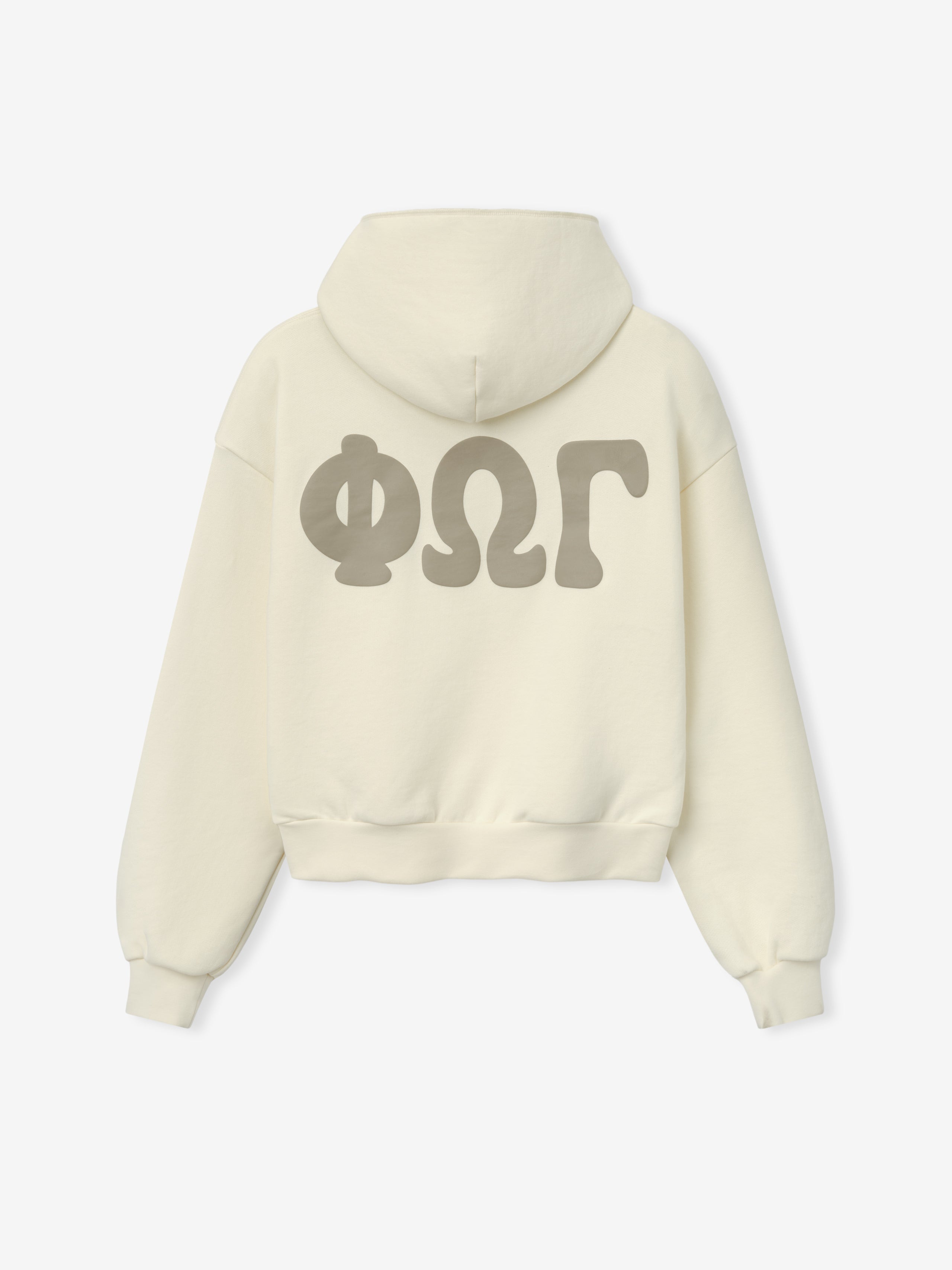 Womens 90s Fleece Hoodie in soft washed ivory, shown from the back with oversized Greek letter graphics, featuring a relaxed fit and ribbed cuffs and hem.