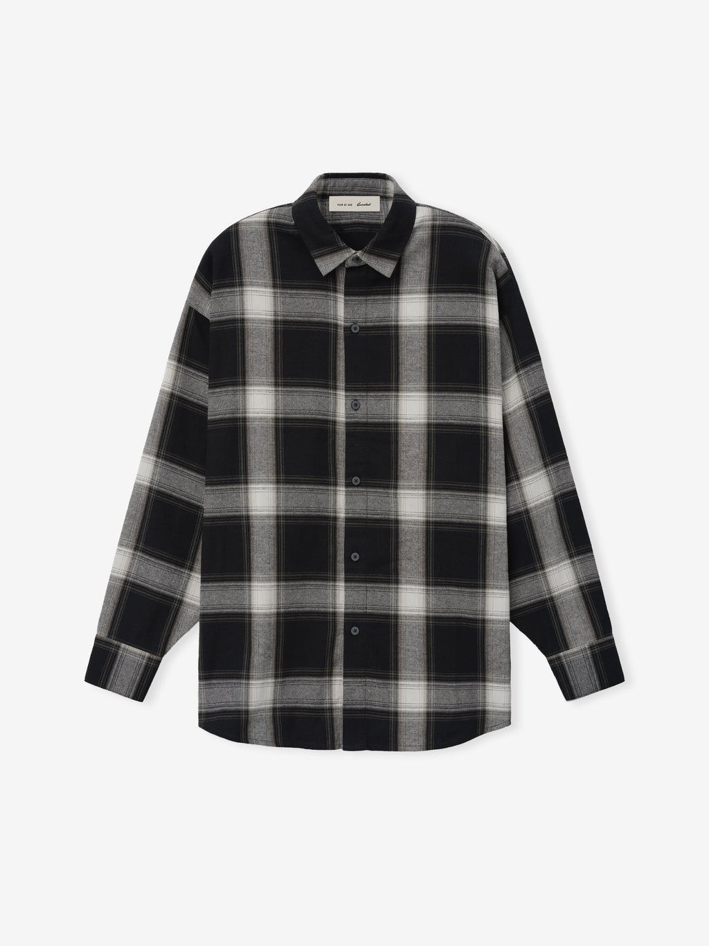 Womens Flannel Button Up Shirt in black and grey plaid pattern, featuring a classic collar, button front, long sleeves with buttoned cuffs, and a relaxed fit for comfortable layering tops.