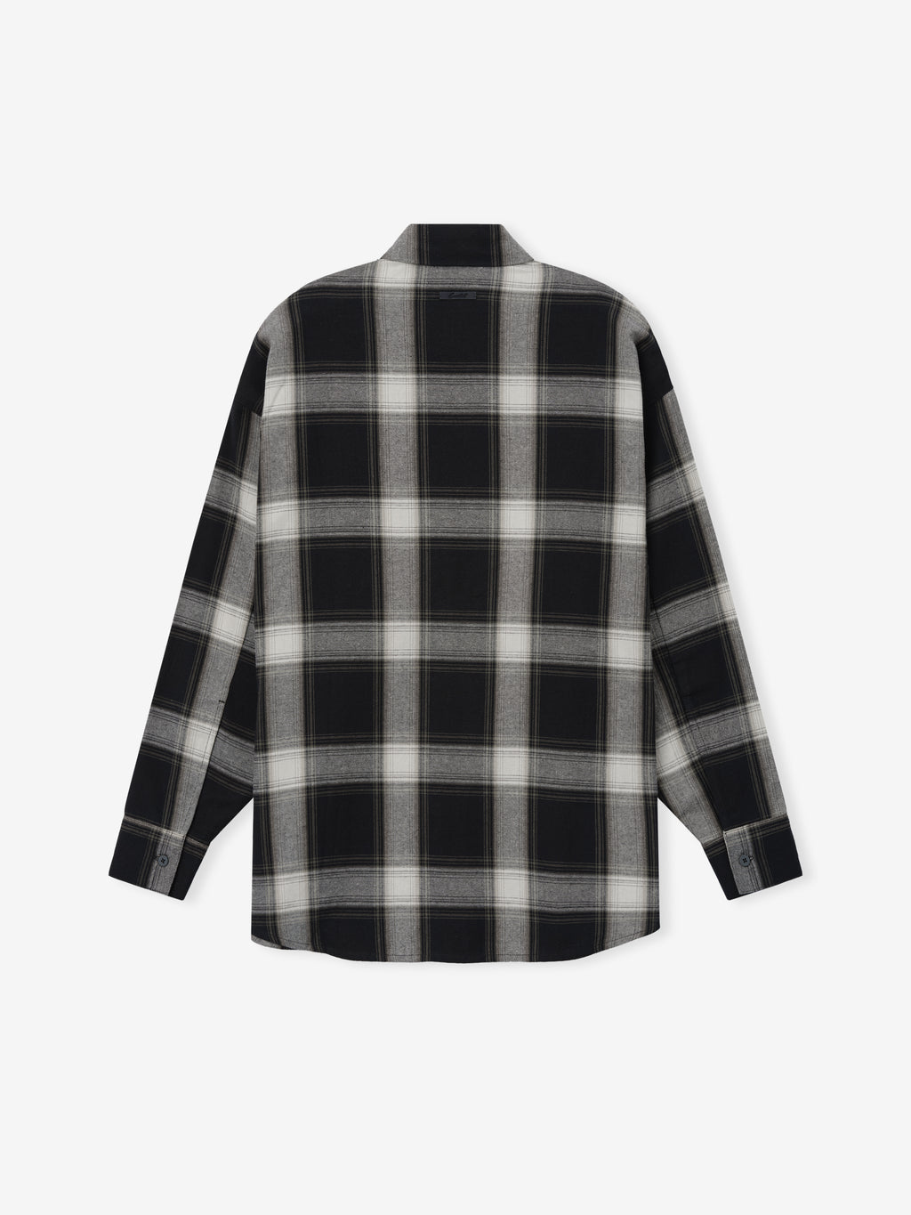 Womens Flannel Button Up Shirt in black and grey plaid featuring long sleeves with buttoned cuffs, a classic collar, and a relaxed fit ideal for layering tops.