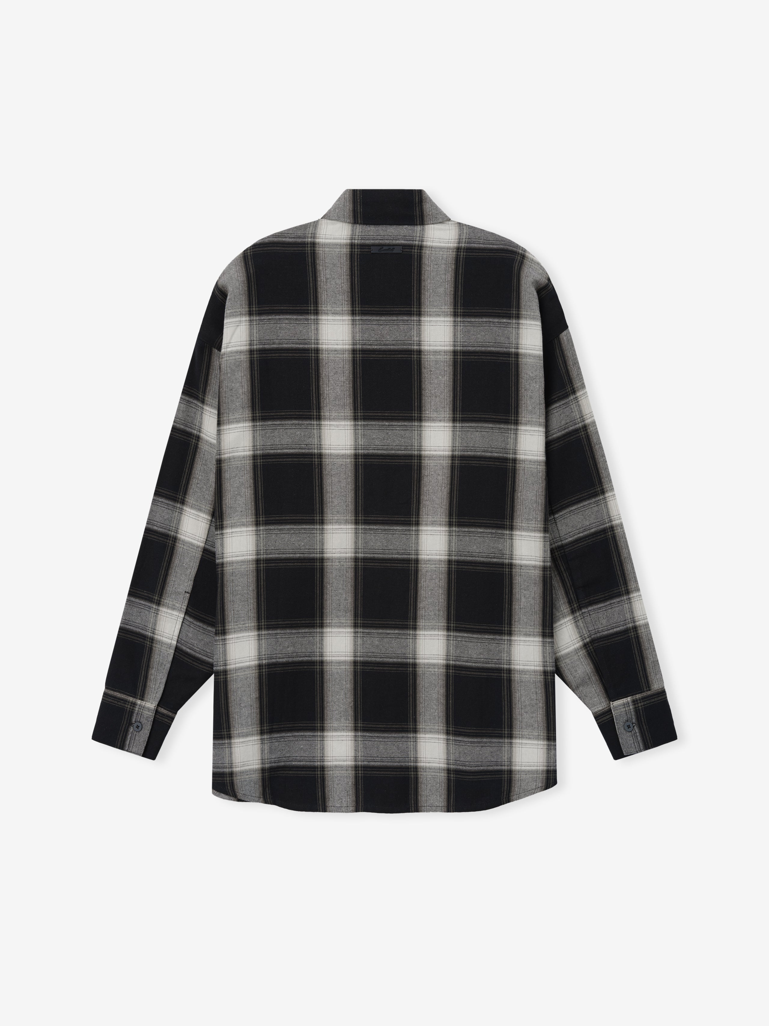 Womens Flannel Button Up Shirt in black and grey plaid featuring long sleeves with buttoned cuffs, a classic collar, and a relaxed fit ideal for layering tops.
