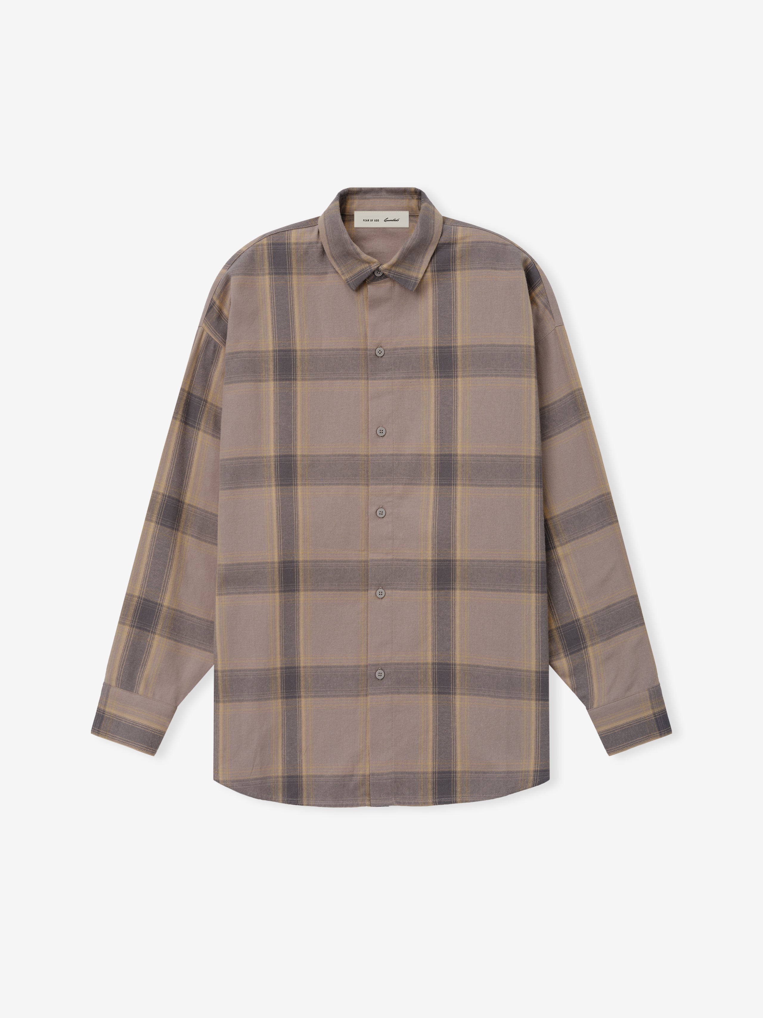 Womens Flannel Button Up Shirt in muted brown and grey plaid featuring a classic collar, button-down front, long sleeves with buttoned cuffs, and a relaxed silhouette for layering tops.