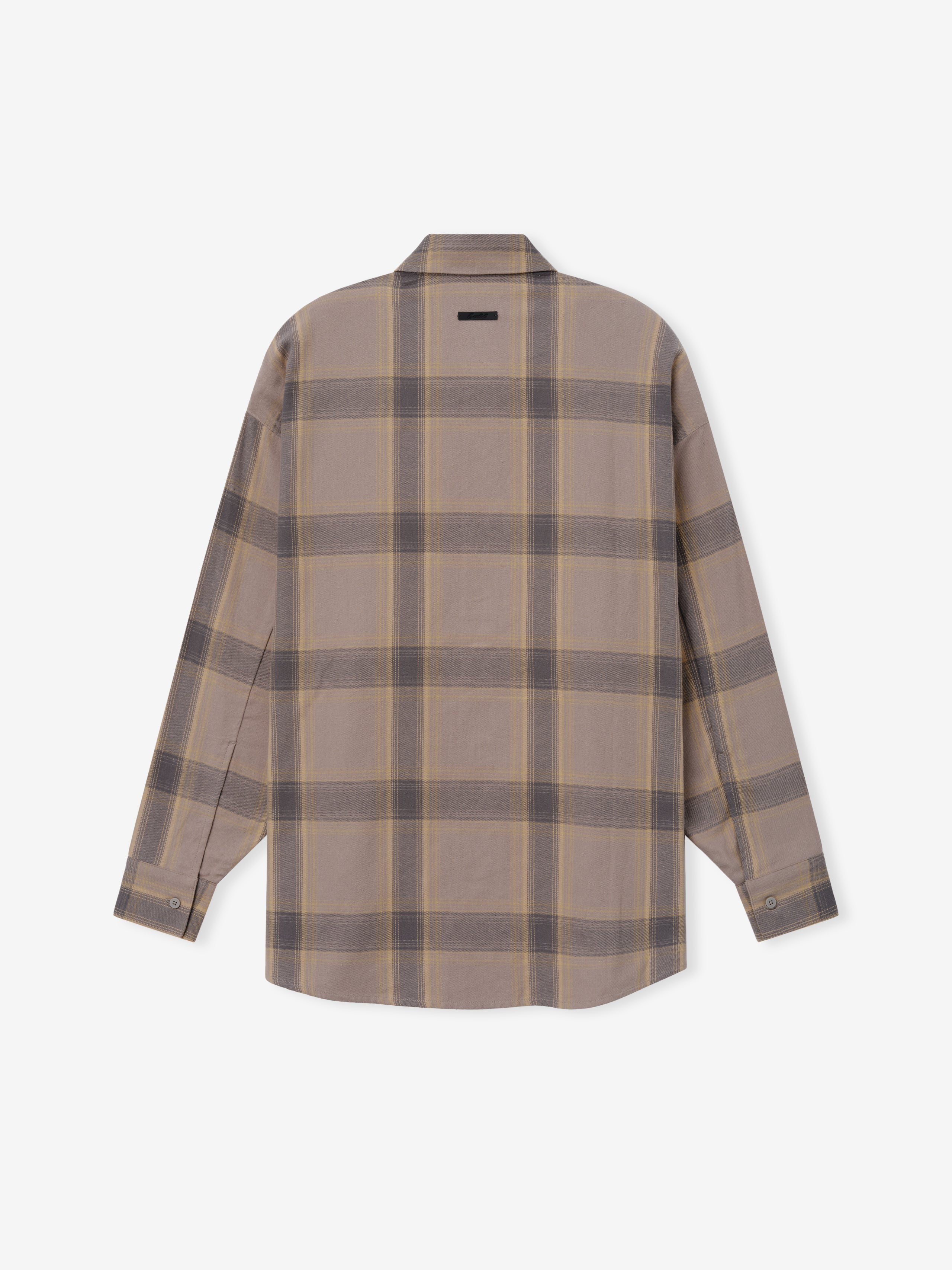 Womens Flannel Button Up Shirt in soft beige and grey plaid pattern featuring a classic collar, long sleeves with buttoned cuffs, and relaxed fit for versatile layering tops.