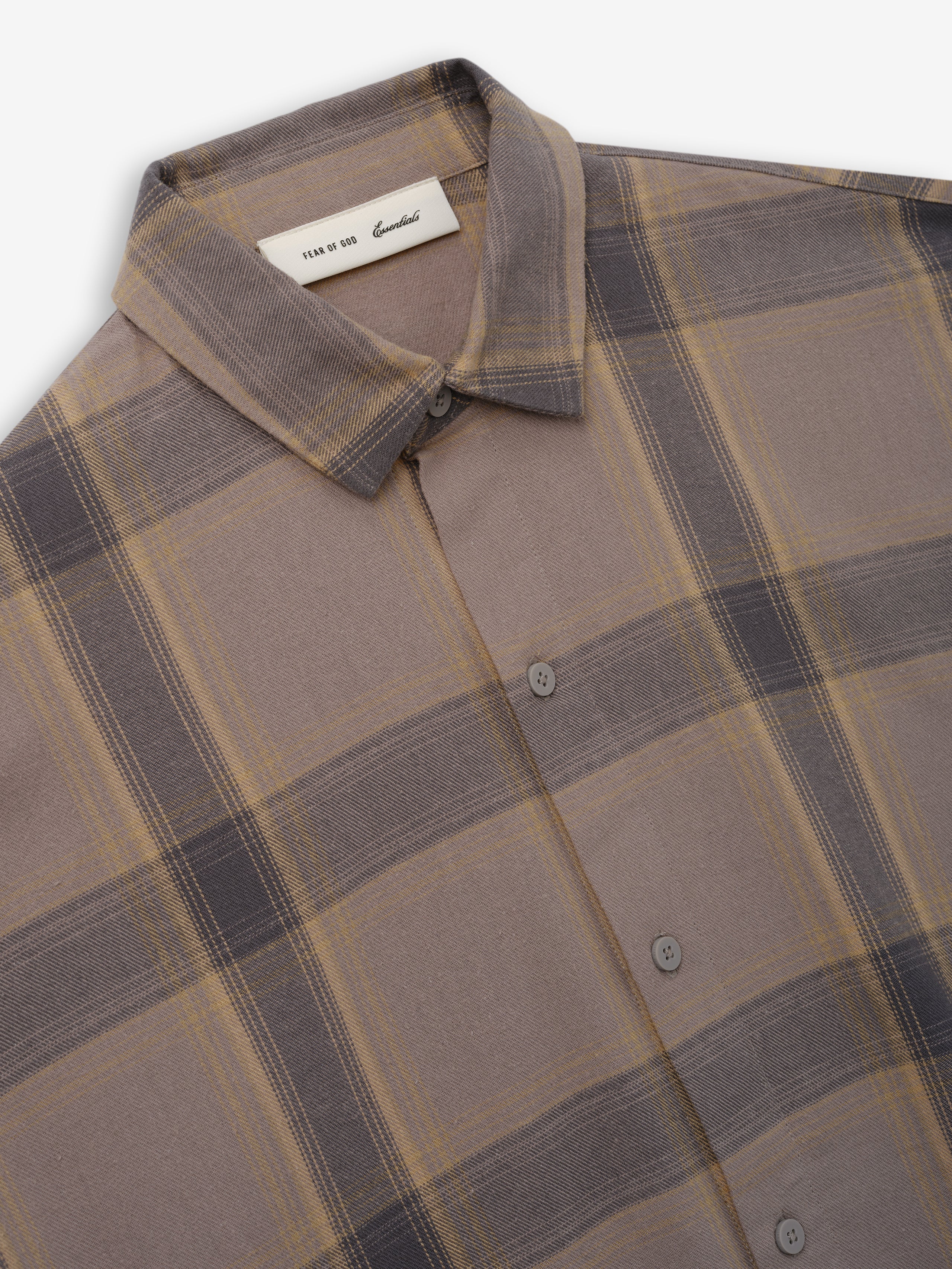 Womens Flannel Button Up Shirt in muted taupe and grey plaid design featuring a classic collar, soft fabric, and button-down front for stylish and comfortable layering tops.