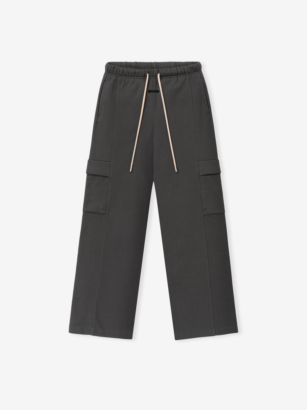 Womens Fleece Cargo Relaxed Sweatpant in a dark iron grey shade featuring an elastic waistband with beige drawstrings, wide legs, and flap cargo pockets for comfortable, casual bottoms.