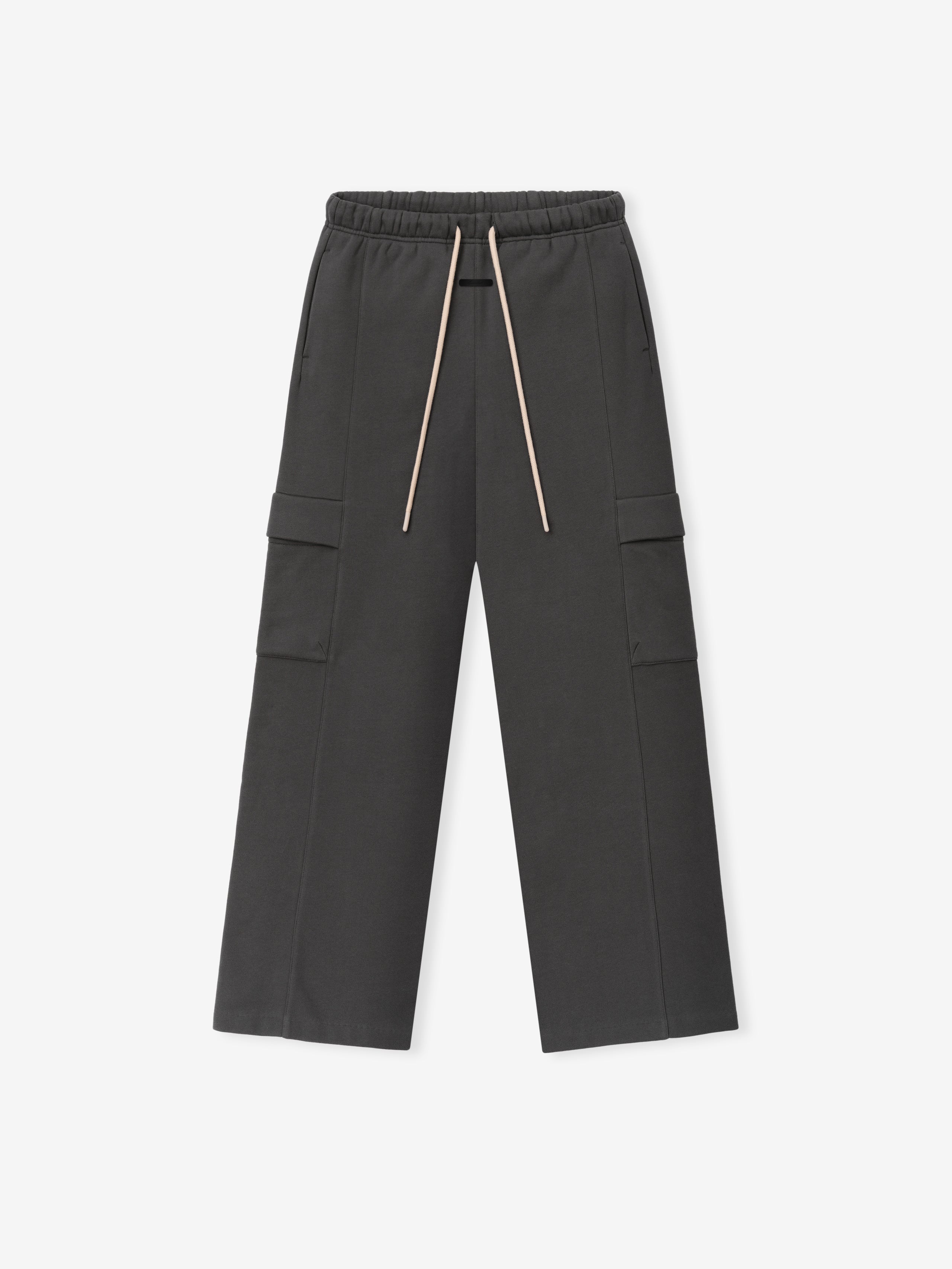 Womens Fleece Cargo Relaxed Sweatpant in a dark iron grey shade featuring an elastic waistband with beige drawstrings, wide legs, and flap cargo pockets for comfortable, casual bottoms.