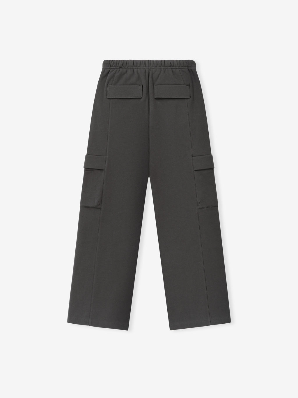 Womens Fleece Cargo Relaxed Sweatpant in a charcoal grey shade featuring a comfortable elastic waistband, flap pockets on the back and sides, and a wide-leg, relaxed fit for casual bottoms.