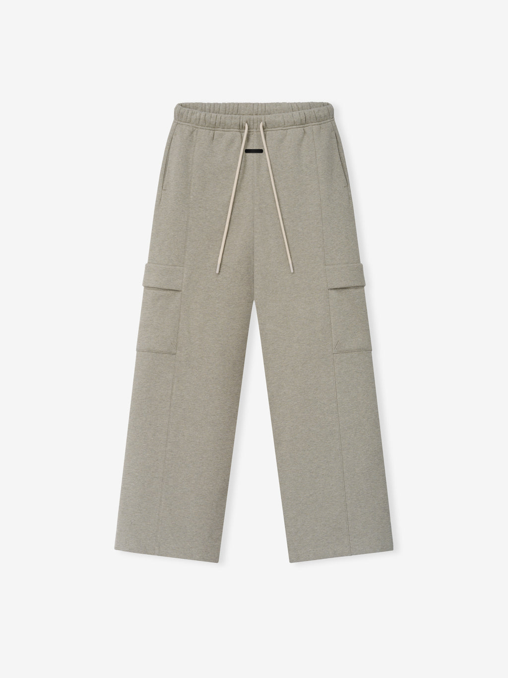 Womens Fleece Cargo Relaxed Sweatpant in a soft heathered beige with an elastic waistband and long drawstring, featuring wide legs and spacious cargo pockets for comfortable casual bottoms.