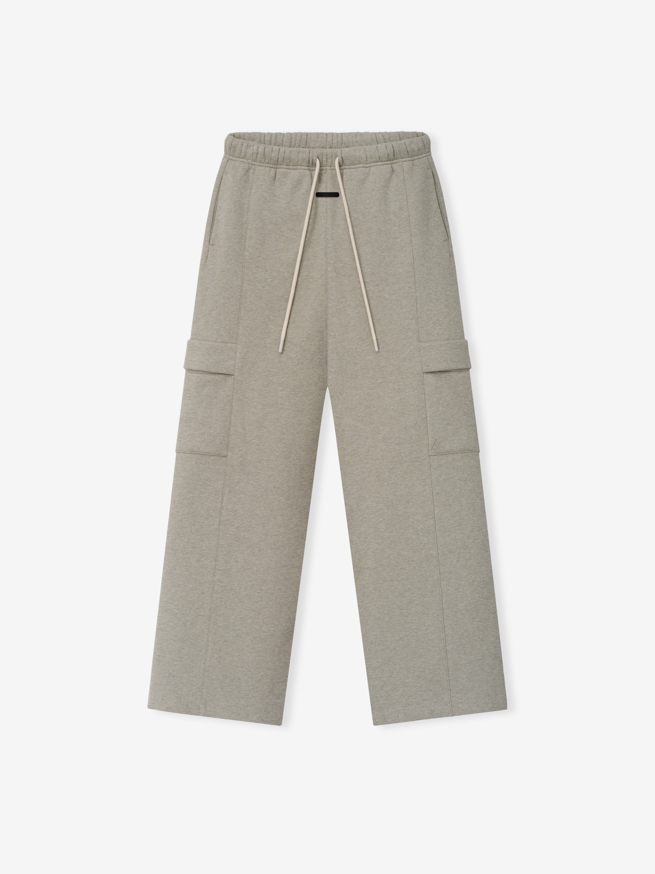 Womens Fleece Cargo Relaxed Sweatpant in a soft heathered beige with an elastic waistband and long drawstring, featuring wide legs and spacious cargo pockets for comfortable casual bottoms.