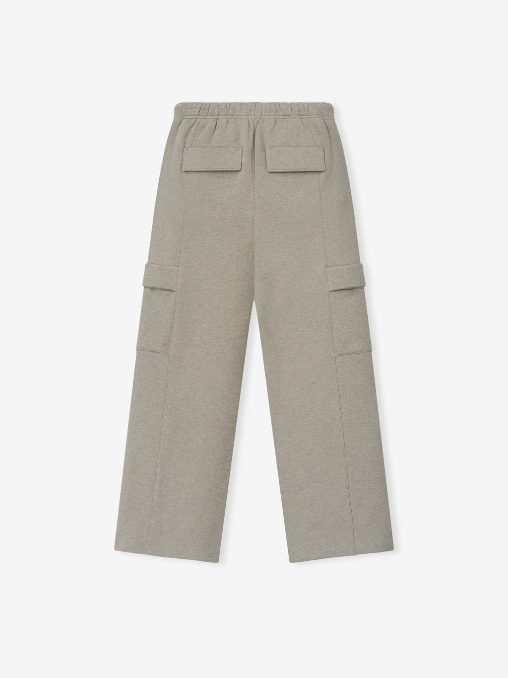 Womens Fleece Cargo Relaxed Sweatpant in a muted seal heather tone featuring an elastic waistband, wide legs, and multiple flap cargo pockets for a cozy, functional casual bottoms option.