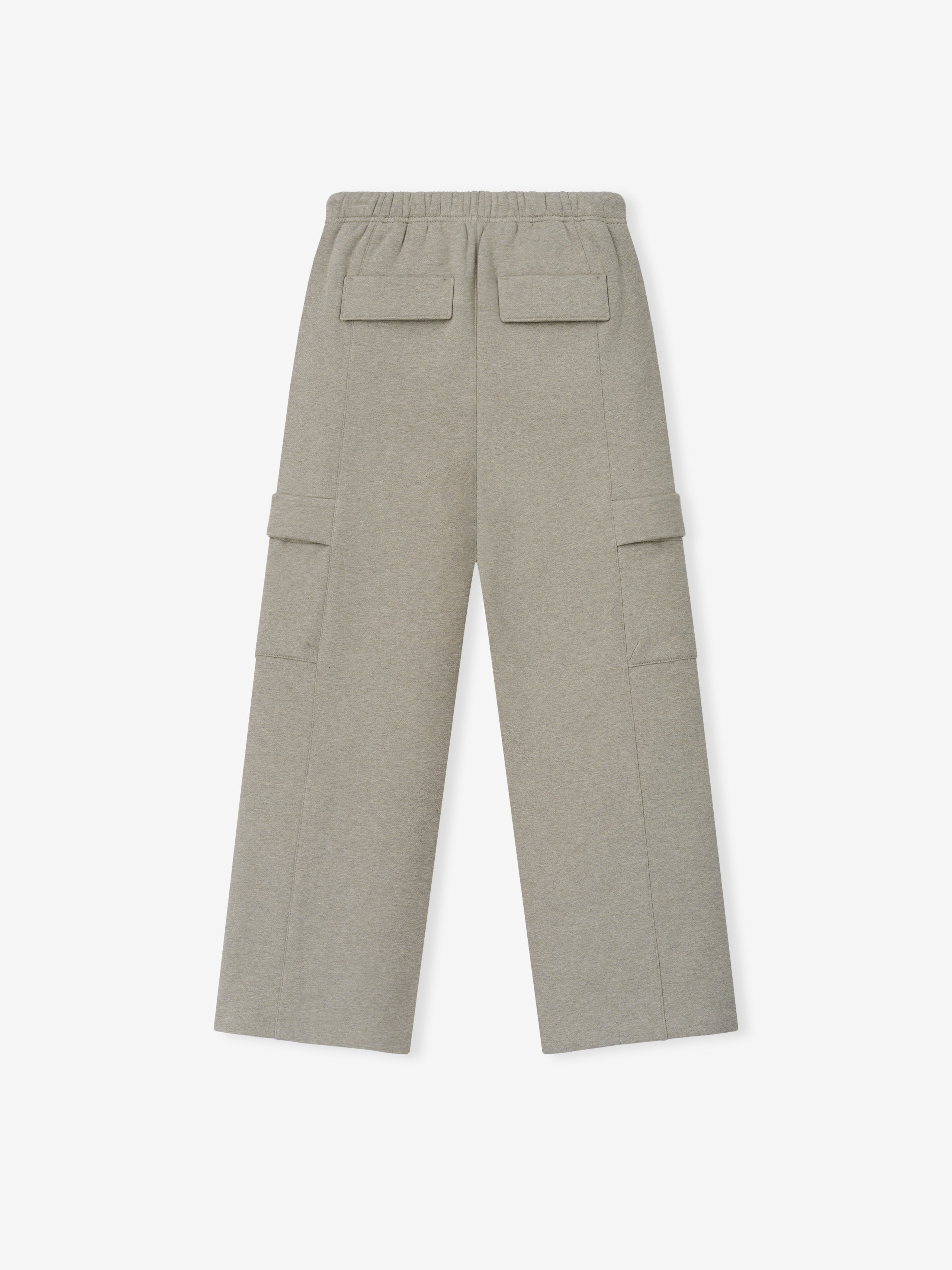 Womens Fleece Cargo Relaxed Sweatpant in a muted seal heather tone featuring an elastic waistband, wide legs, and multiple flap cargo pockets for a cozy, functional casual bottoms option.