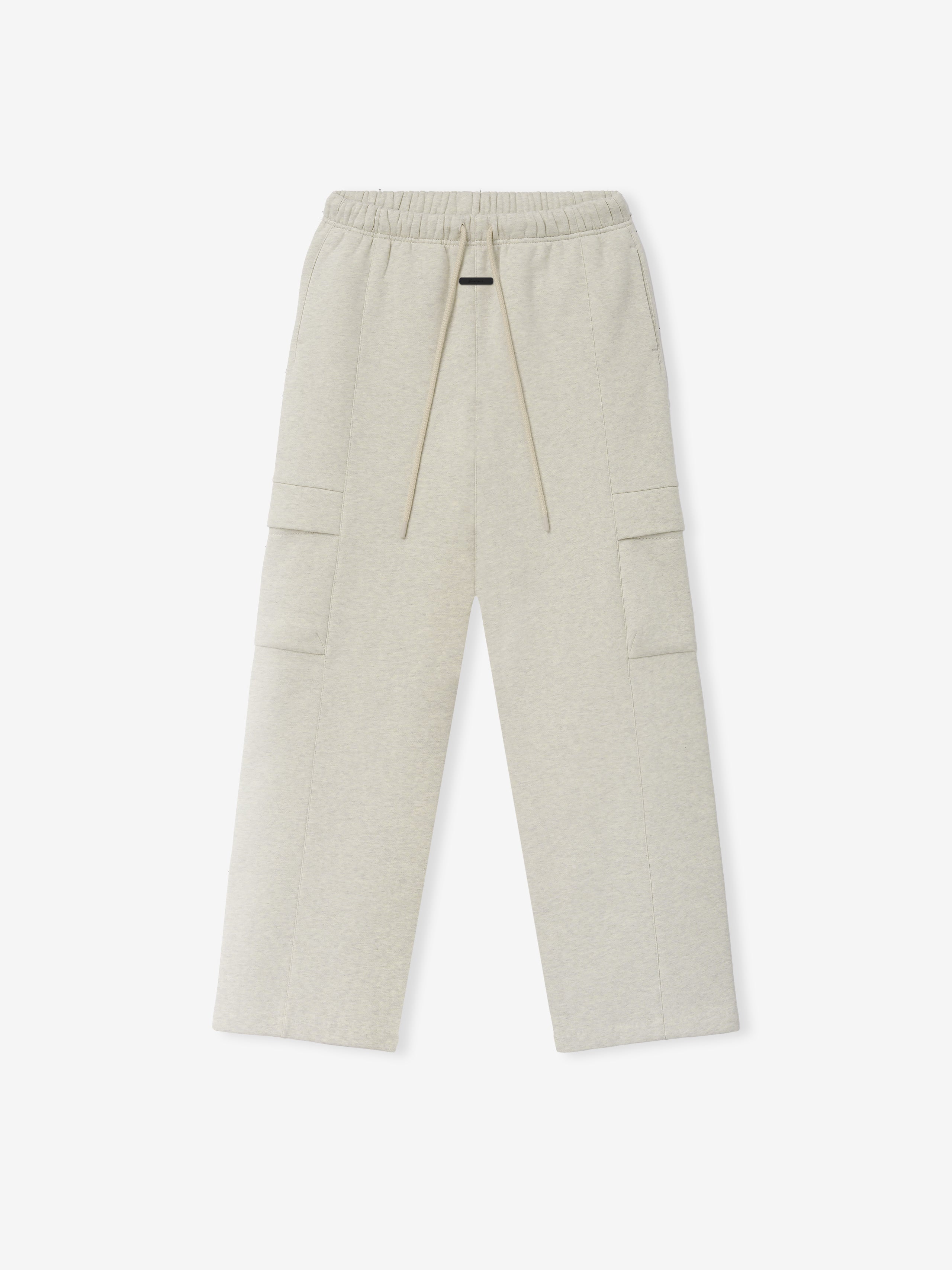 Womens Fleece Cargo Relaxed Sweatpant in a soft vanilla heather color with a relaxed silhouette, elastic waistband, drawstring, and spacious flap cargo pockets for comfortable bottoms.