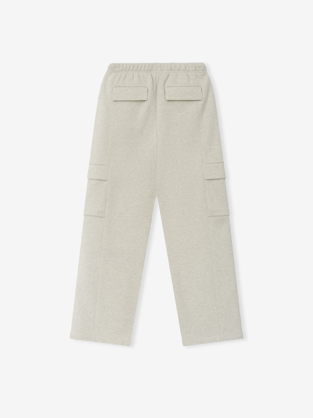 Womens Fleece Cargo Relaxed Sweatpant in a light vanilla heather shade featuring a relaxed fit, elastic waistband, and multiple flap pockets for practical and comfortable casual bottoms.