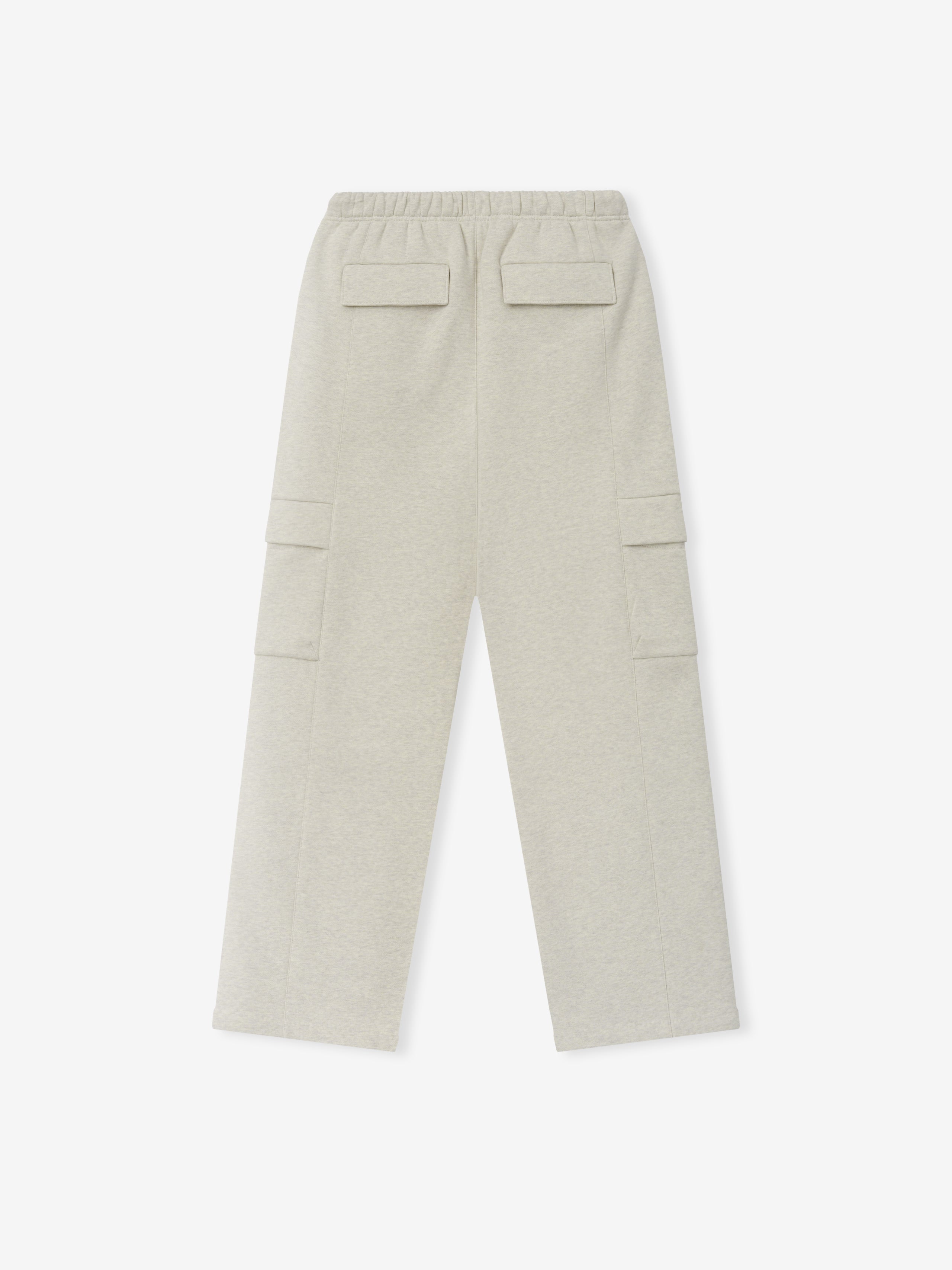 Womens Fleece Cargo Relaxed Sweatpant in a light vanilla heather shade featuring a relaxed fit, elastic waistband, and multiple flap pockets for practical and comfortable casual bottoms.