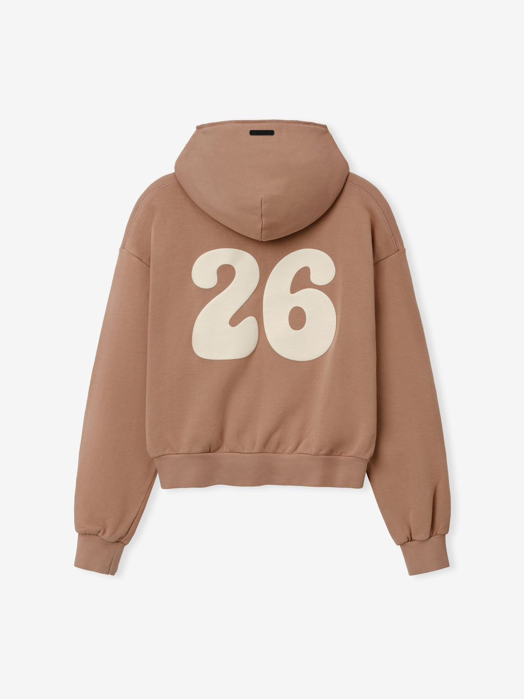 Womens 90s Full Zip Hoodie in a warm washed ginger shade featuring a relaxed fit, attached hood, ribbed cuffs, and a bold cream-colored "26" graphic on the back for a vintage-inspired outerwear look.