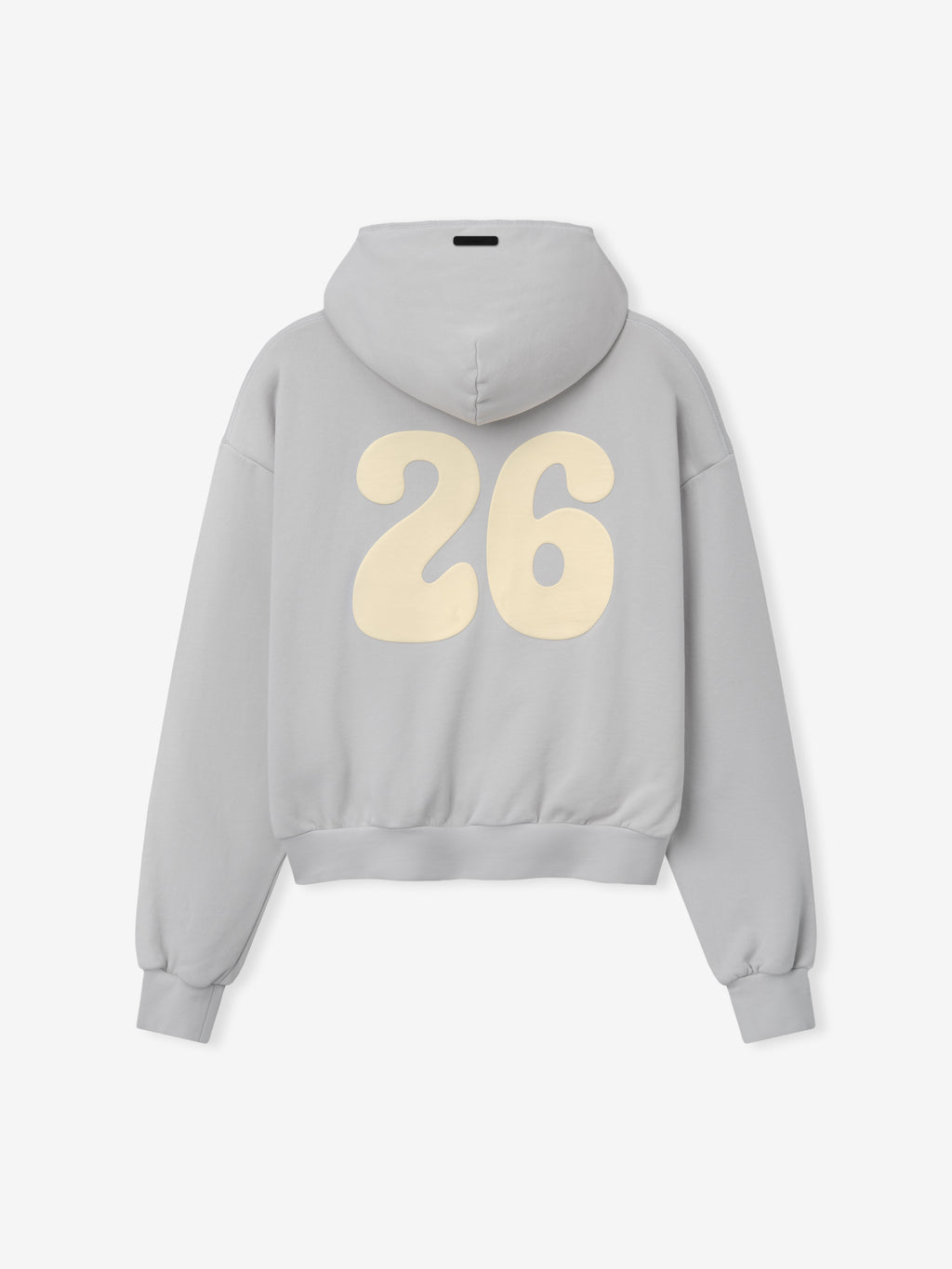 90s Full Zip Hoodie in a soft overcast gray shade featuring a bold cream "26" graphic on the back, with ribbed cuffs and hem for a relaxed outerwear fit.