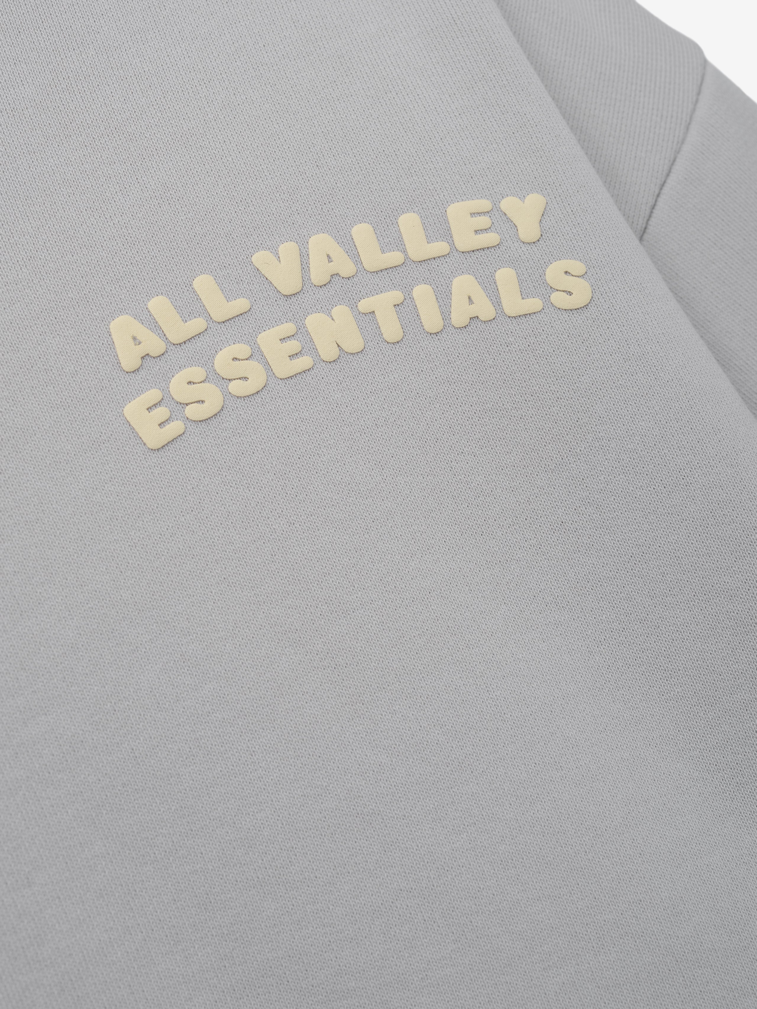 90s Full Zip Hoodie featuring a soft gray fabric with raised cream lettering "ALL VALLEY ESSENTIALS" on the chest, highlighting casual and timeless outerwear style.