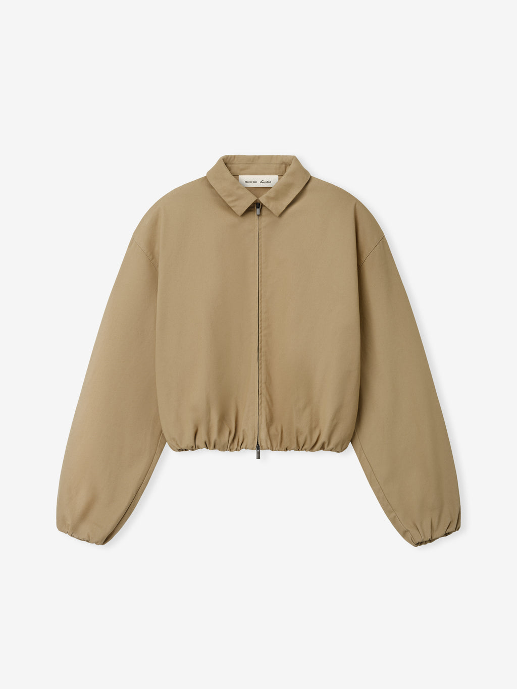 Womens Cotton Twill Work Jacket in a warm dune color featuring a relaxed fit, full front zipper, classic collar, and elasticized cuffs and hem for versatile outerwear styling.