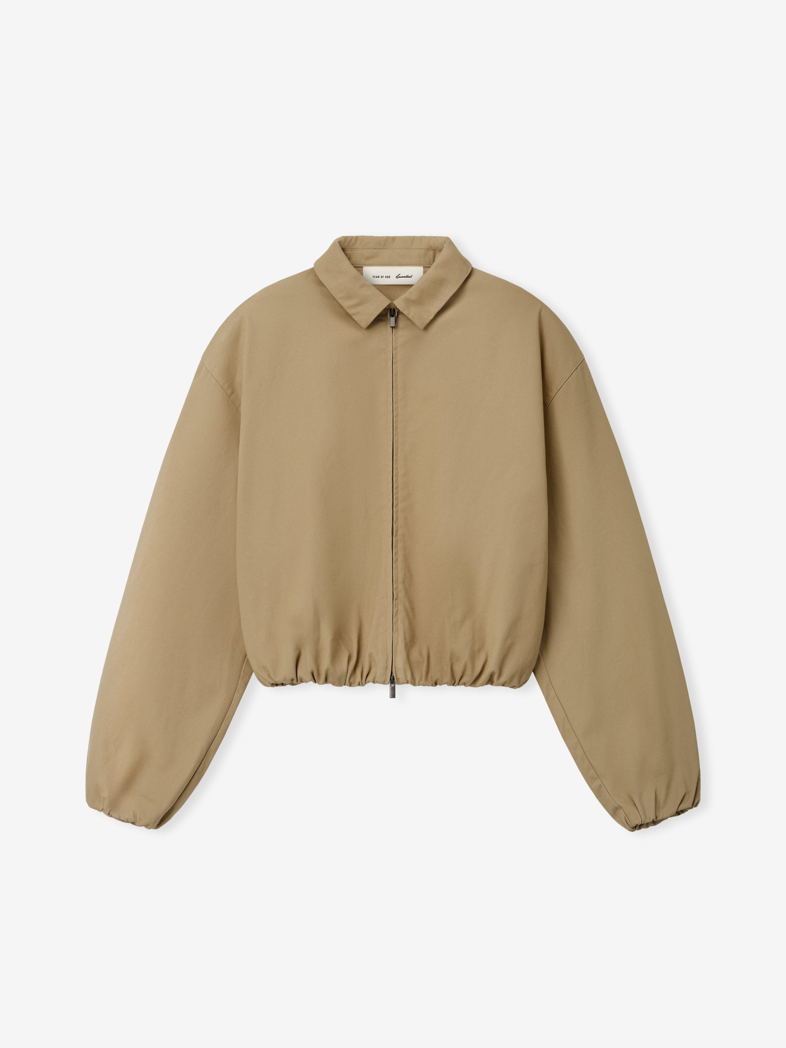 Womens Cotton Twill Work Jacket in a warm dune color featuring a relaxed fit, full front zipper, classic collar, and elasticized cuffs and hem for versatile outerwear styling.