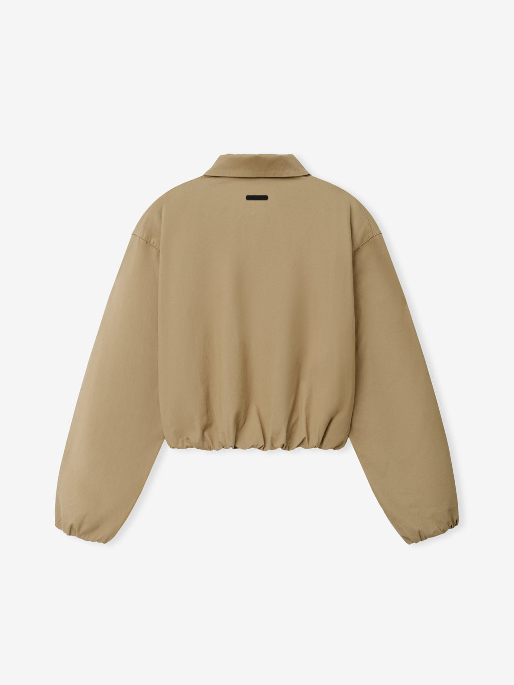 Womens Cotton Twill Work Jacket in soft beige shown from the back, featuring an elasticated hem and cuffs, a classic collar, and a clean, minimalist outerwear design.